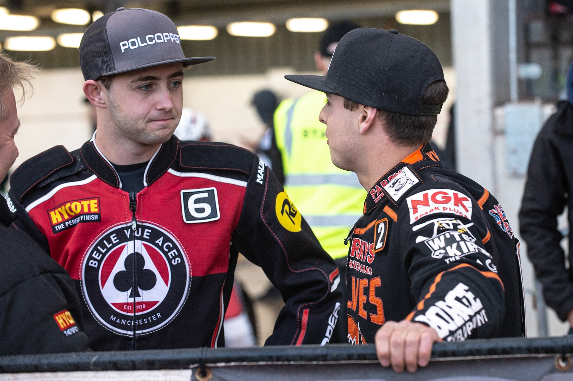 Photo by Ian Charles:

Jaimon Lidsey (left) chats with Luke Becker 

Belle Vue Aces v Wolverhampton Wolves, SGB Premiership, National Speedway Stadium, Manchester, Monday, 19, August, 2019