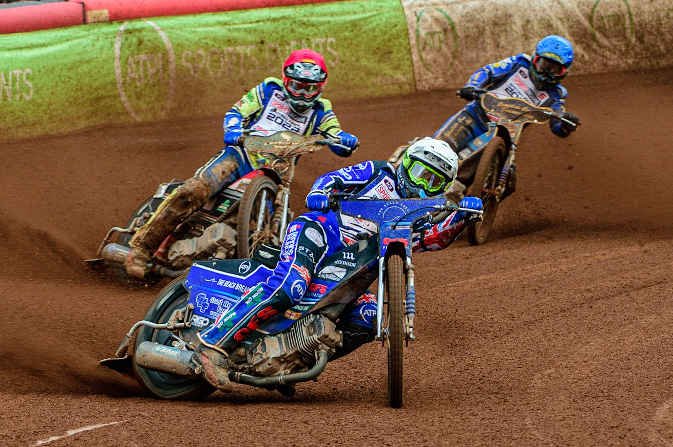 Adam Ellis  (White) leads Richie Worrall  (Red) and Kyle Howarth  (Blue)  during the Sports Insure British Speedway Final, at the National Speedway Stadium, Manchester, on Sunday 18th September 2022. (Credit: Ian Charles | MI News )