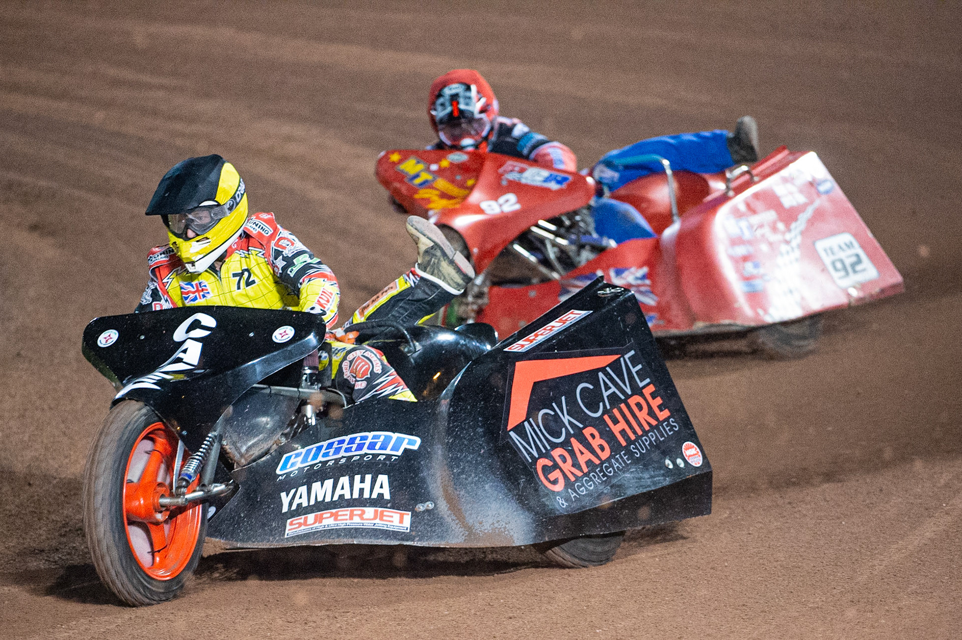 MANCHESTER, ENGLAND Andy Cossar & Gareth Williams (72) leads Paul Whitelam & Alan Elliott (92) during the  ACU Sidecar Speedway Manchester Masters,  Belle Vue National Speedway Stadium, Manchester Saturday 12 October 2019 (Credit: Ian Charles | MI News)