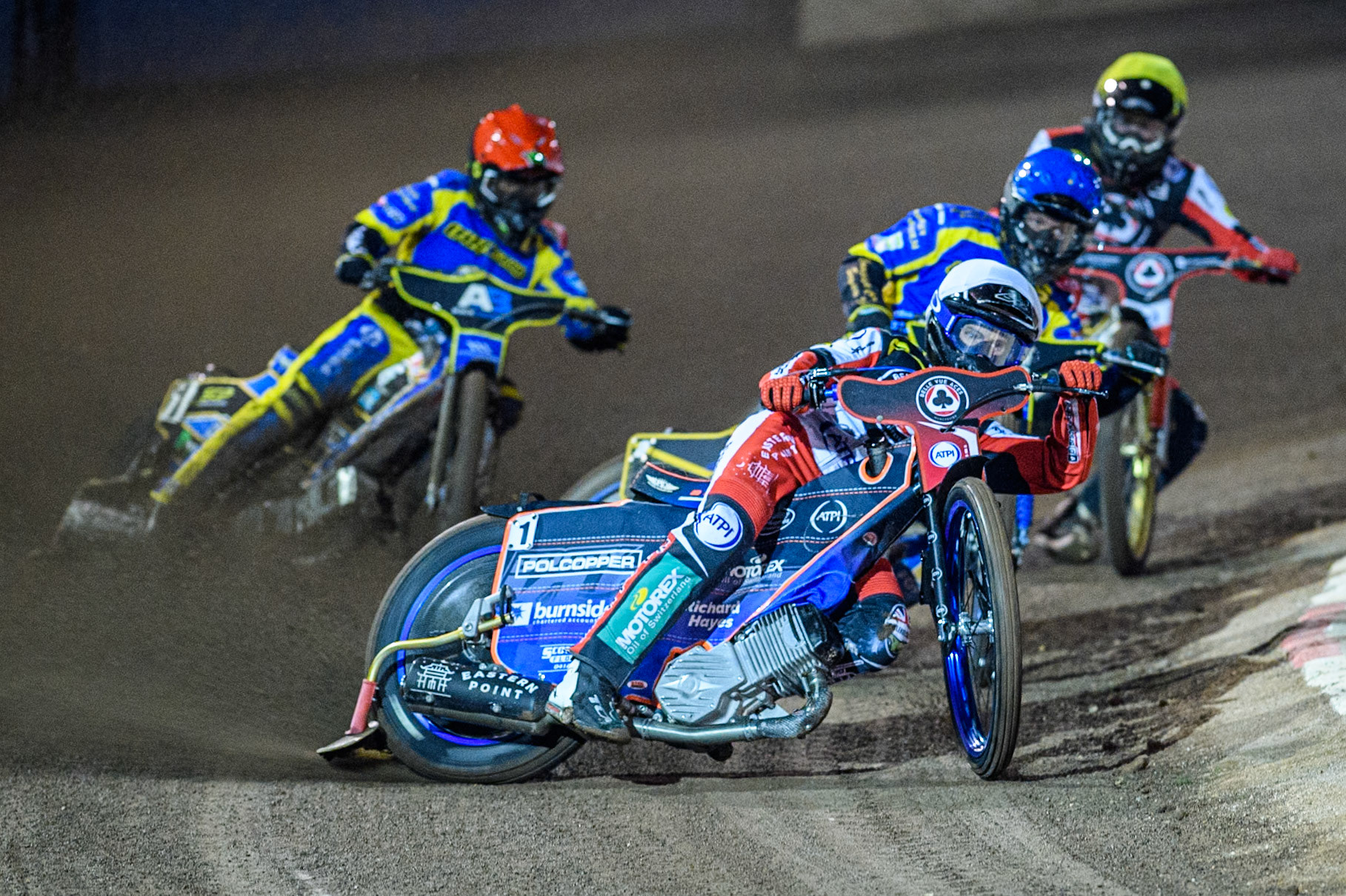 Belle Vue Aces' Brady Kurtz  in White leading Sheffield Tigers' Kyle Howarth  in Blue, Sheffield Tigers' Jack Holder  in Red and Belle Vue Aces' Norick Blodorn  in Yellow during the Rowe Motor Oil Premiership Play Off Semi Final 2nd leg between Sheffield Tigers and Belle Vue Aces at Owlerton Stadium, Sheffield on Thursday 19th September 2024. (Photo: Ian Charles | MI News)