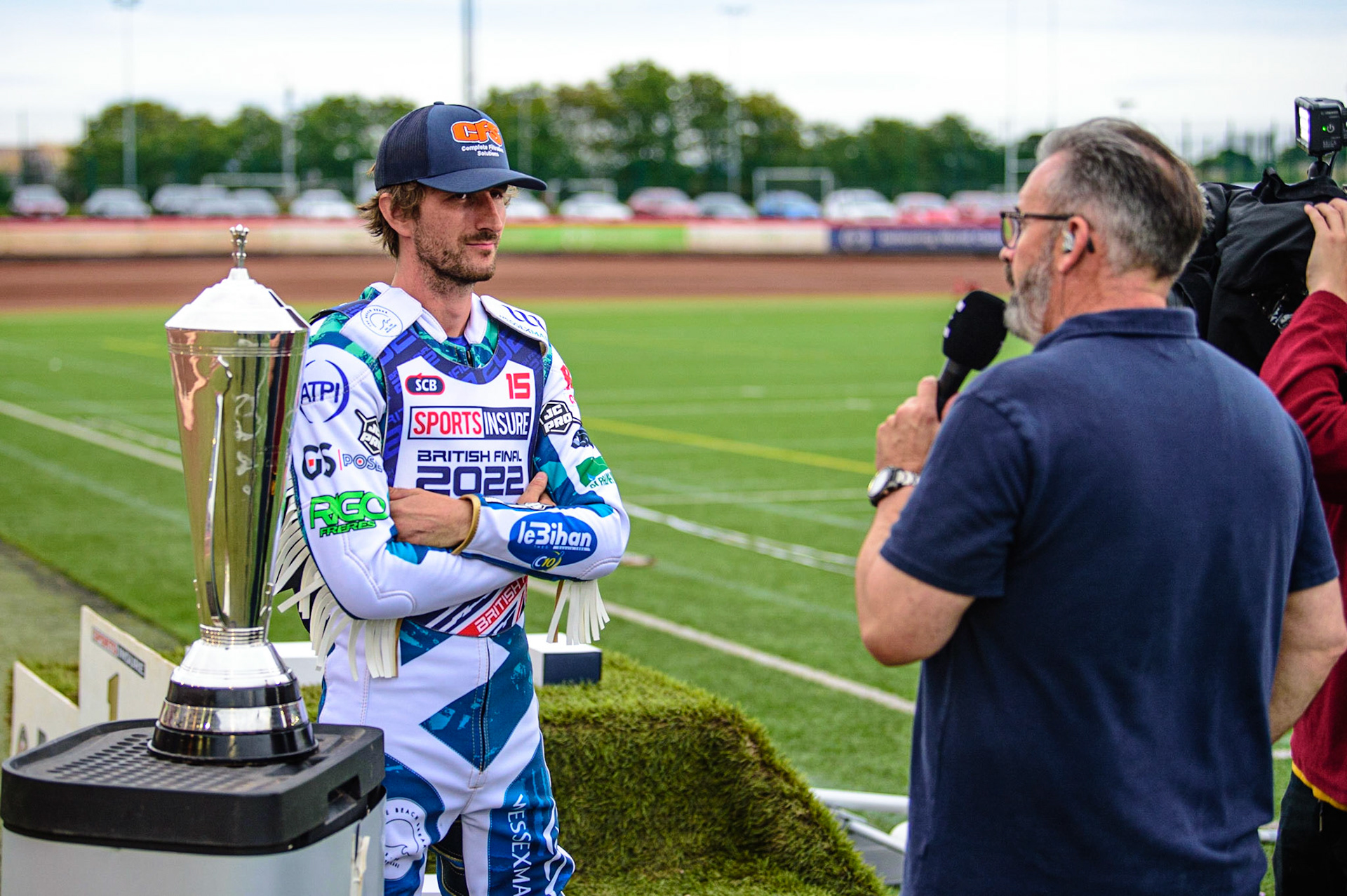 Adam Ellis  is interviewed before the meeting for Eurosport during the Sports Insure British Speedway Championship Final at the National Speedway Stadium, Bellevue, Manchester, England on Monday 1st August 2022. (Photo by: Ian Charles | MI News)