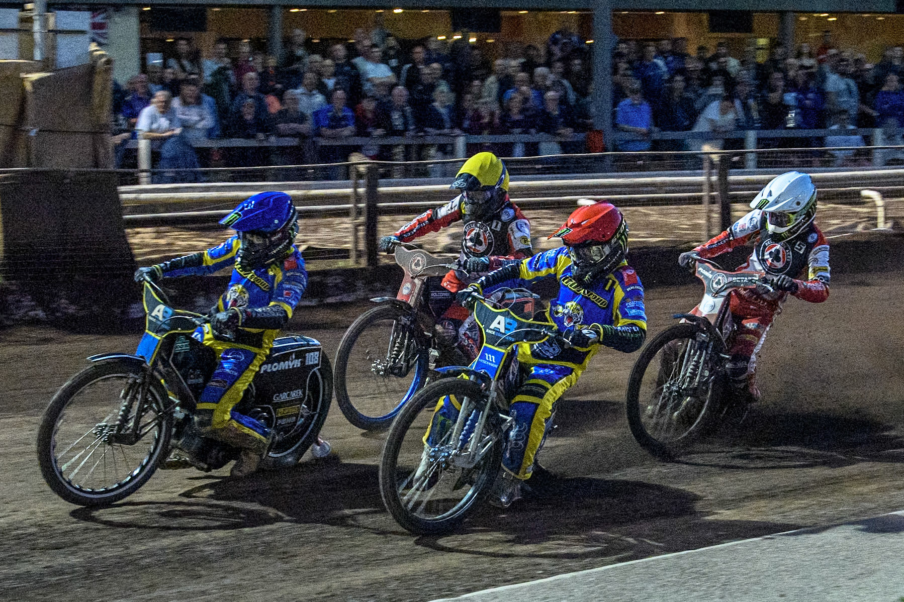 Sheffield Tigers' Jack Holder  in Red and Sheffield Tigers' Tai Woffinden  in Blue leading Belle Vue Aces' Brady Kurtz  in Yellow and Belle Vue Aces' Dan Bewley  in White in the Superheat after the sides drew on aggregate during the Premiership KO Cup Quarter Final, 2nd Leg match between Sheffield Tigers and Belle Vue Aces at Owlerton Stadium, Sheffield on Thursday 9th May 2024. (Photo: Ian Charles | MI News)
