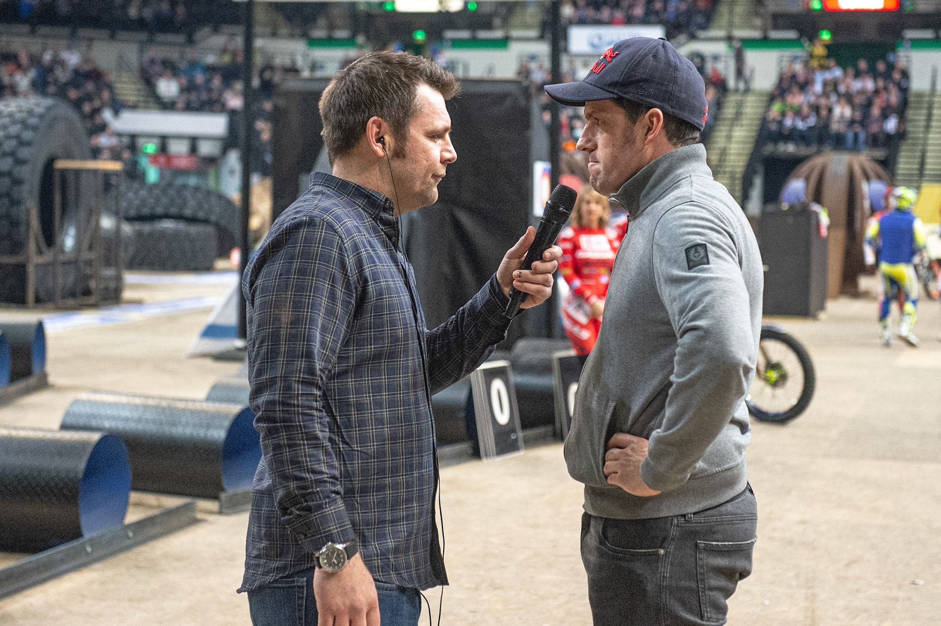 SHEFFIELD, ENGLAND  - DECEMBER 28TH  Meeting presenter and Co-Promoter Martin Crossthwaite (left) interviews fellow Co-Promoter and Judge Doug Lampkin  during the 25th Anniversary Sheffield Indoor Trial at the FlyDSA Arena, Sheffield on Saturday 28th December 2019. (Credit: Ian Charles | MI News)