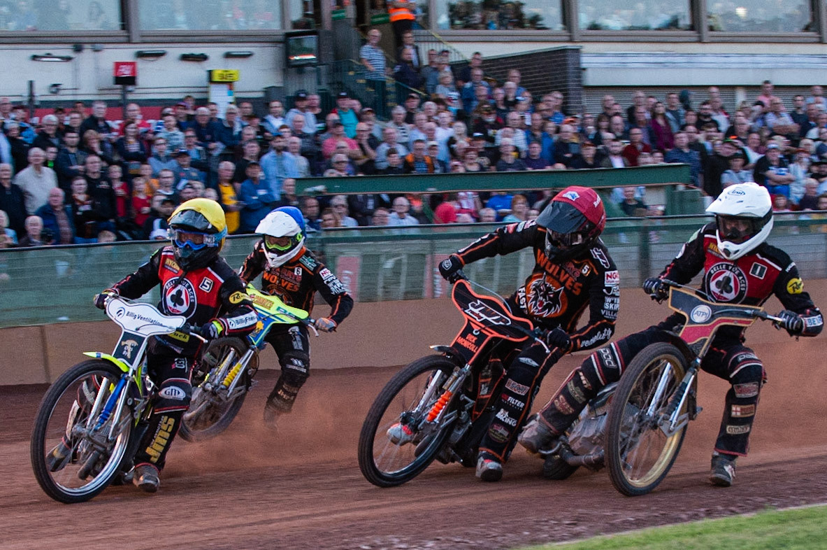 Photo by Ian Charles:

Kenneth Bjerre  (Yellow) leads Sam Masters  (Red) Max Fricke  (White) and Kyle Howarth  (Blue)

Wolverhampton Wolves v Belle Vue Aces, British Speedway Premiership 5 August 2019