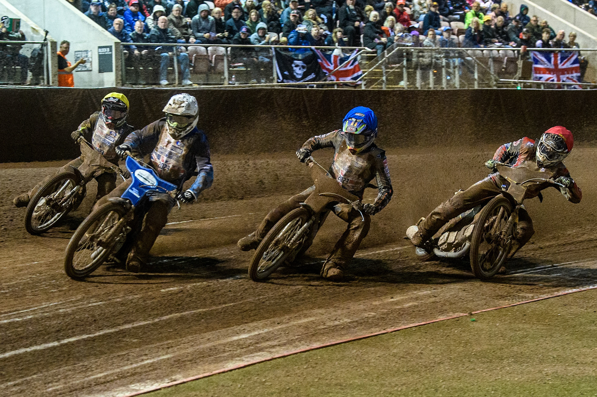 Richard Lawson (White) leads Leon Flint (Blue) Danny King (Yellow) and Danyon Hulme (Red)  during the Sports Insure British Speedway Final at the National Speedway Stadium, Manchester on Monday 14th August 2023. (Photo: Ian Charles | MI News)
