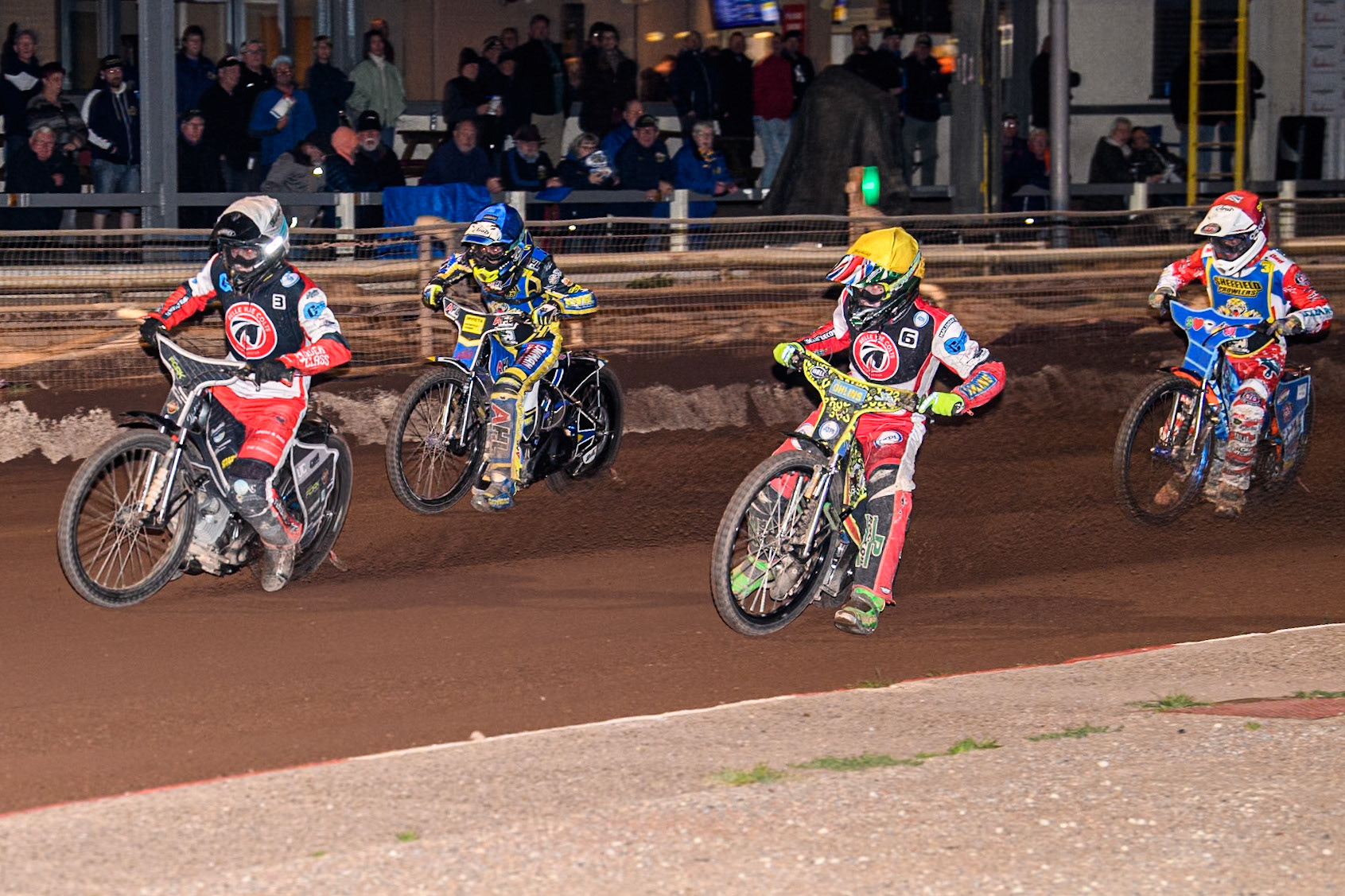 Belle Vue Colts' Matt Marson  in White and Belle Vue Colts' William Cairns  in Yellow leading Sheffield Tiger Cubs' Stene Pijper  in Red and Sheffield Tiger Cubs' Jamie Etherington in Blue during the WSRA National Development League match between Sheffield Tiger Cubs and Belle Vue Colts at Owlerton Stadium, Sheffield on Thursday 12th September 2024. (Photo: Ian Charles | MI News)