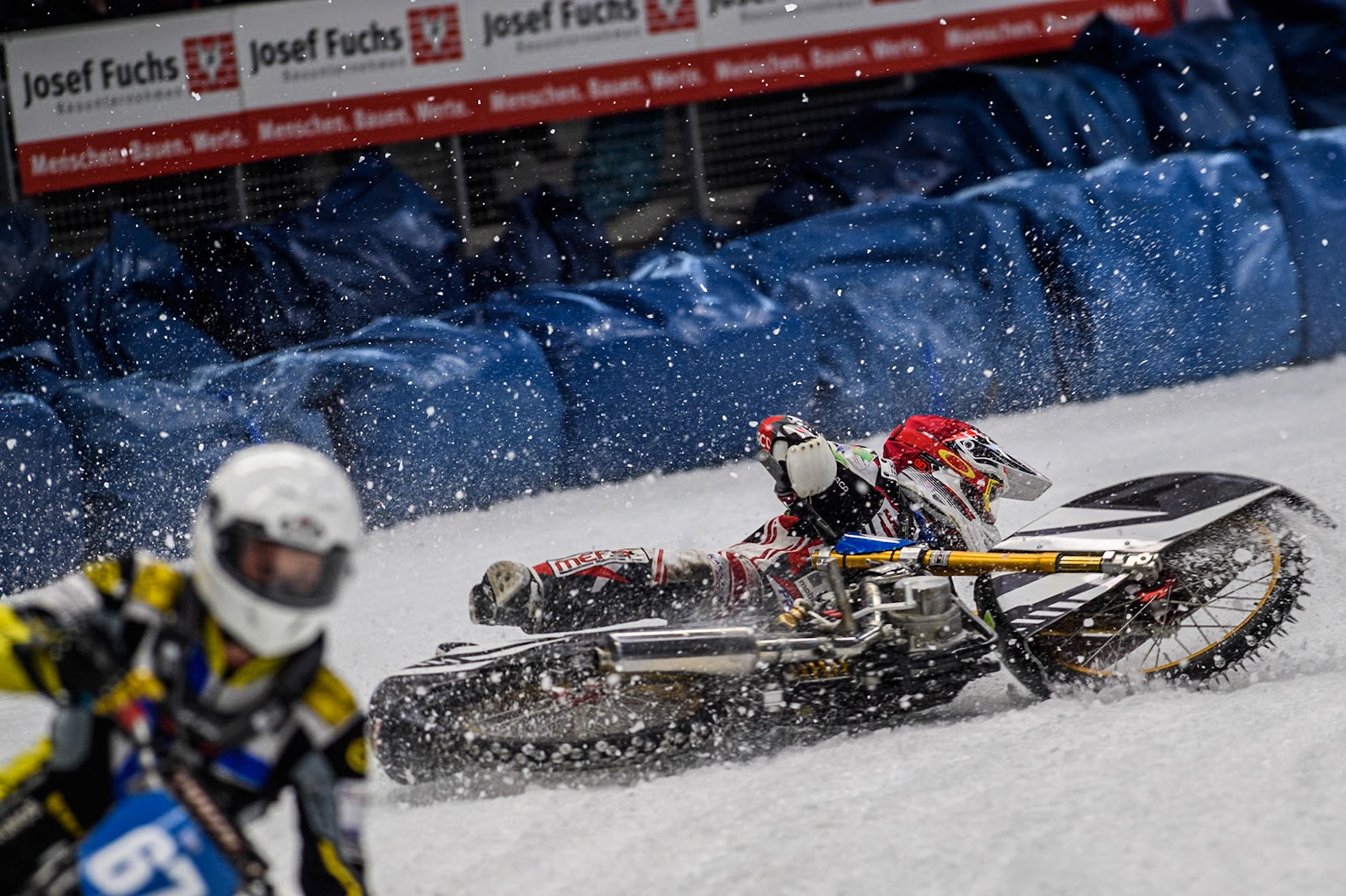 Austria's Charly Ebner (665) spins off during the FIM Ice Speedway Gladiators World Championship Final 2 at the Max-Aicher-Arena, Inzell on Sunday 24 March 2024. (Photo: Ian Charles | MI News)