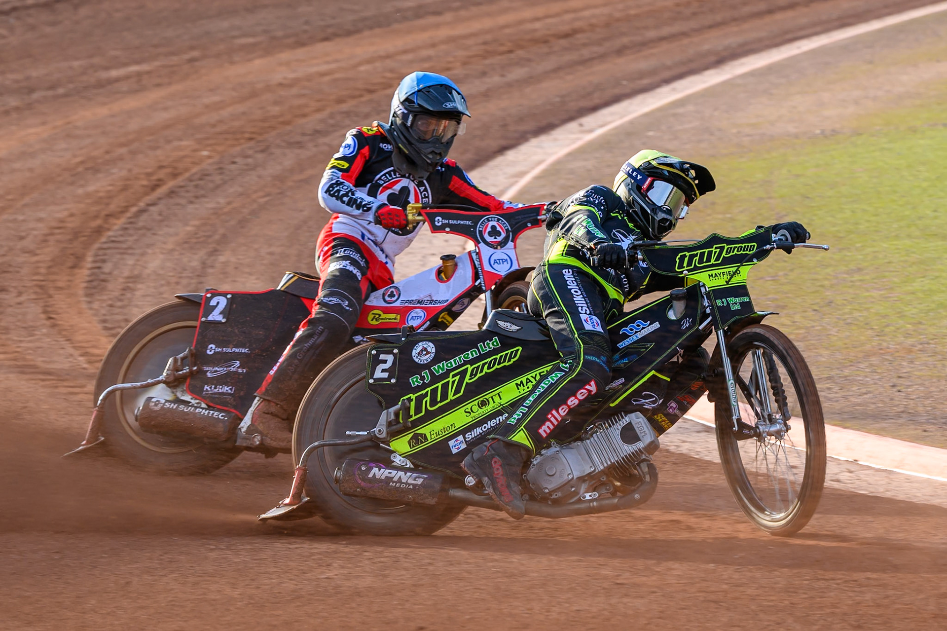 Danny King of Ipswich Witches in Yellow leading Norick Blödorn of Belle Vue Aces in Blue during the Rowe Motor Oil Premiership match between Belle Vue Aces and Ipswich Witches at the National Speedway Stadium, Manchester on Saturday 20th June 2026. (Photo: Ian Charles | MI News)