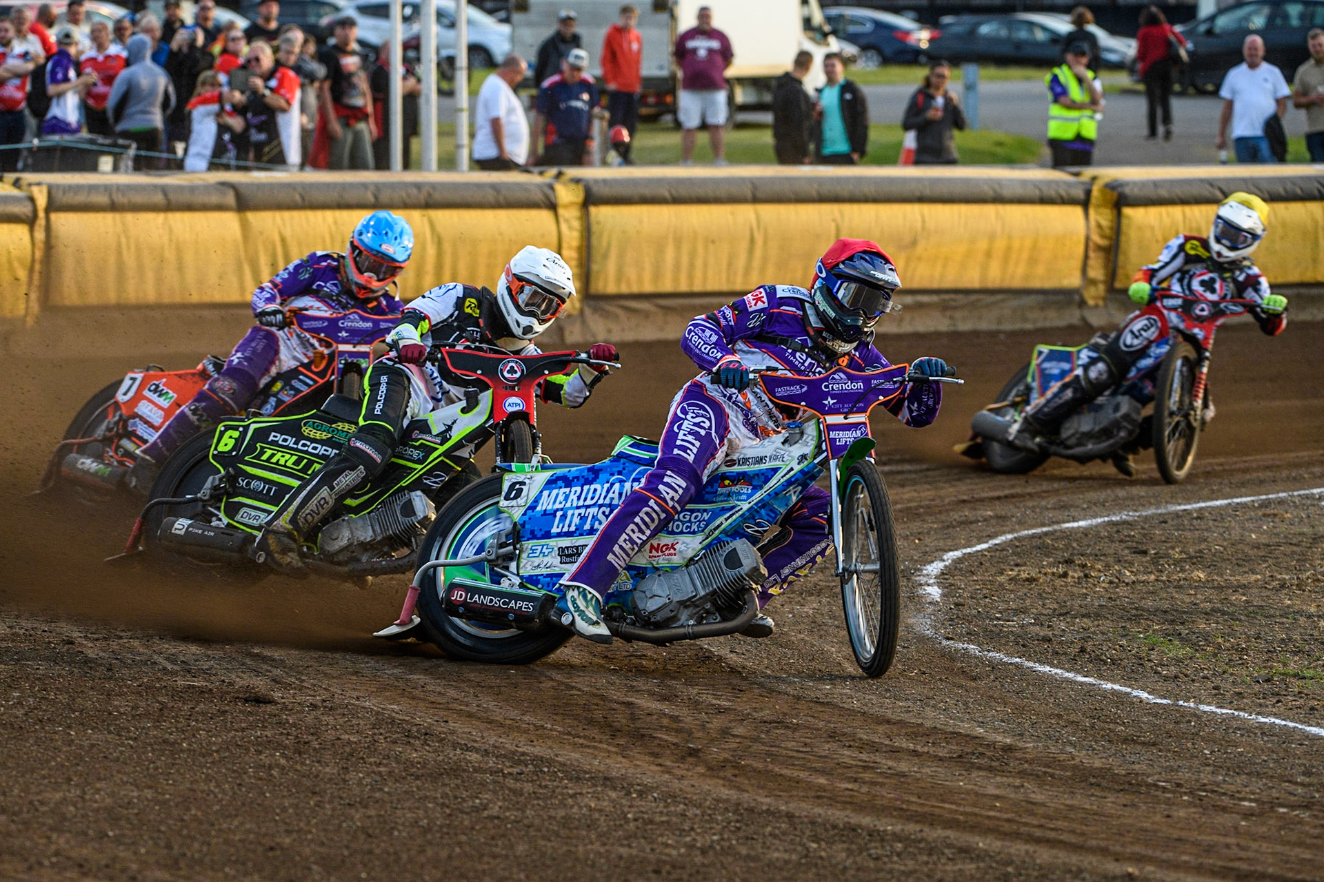 Hans Andersen (Red) leads Keynan Rew (White) pp7\ (Blue) and Jake Mulford  (Yellow) during the Sports Insure Premiership match between Peterborough and Belle Vue Aces at East of England Showground, Peterborough on Monday 26th June 2023. (Photo: Ian Charles | MI News)