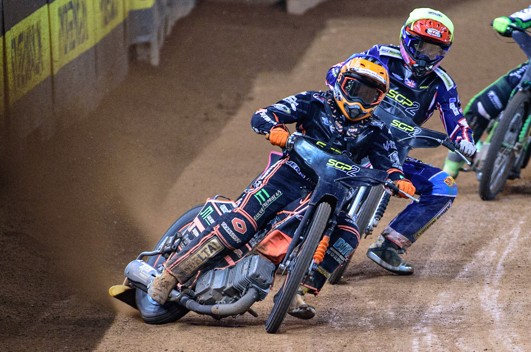 Kevin Juhl Pedersen (Denmark)  (Blue) leads Leon Flint (Great Britain) (Yellow) during the FIM  Speedway Grand Prix  2 of Great Britain at the Principality Stadium, Cardiff on Sunday 14th August 2022. (Credit: Ian Charles | MI News)
