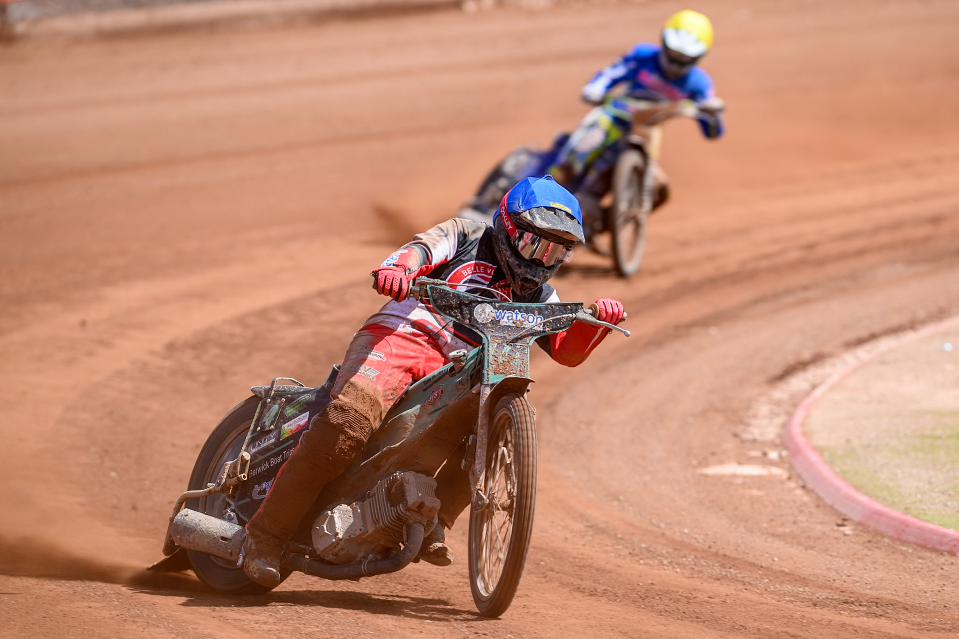 Belle Vue Colts' Mason Watson  in Blue leading Oxford Chargers' Max Broadhurst  in Yellow during the WSRA National Development League match between Belle Vue Colts and Oxford Chargers at the National Speedway Stadium, Manchester on Sunday 1st June 2025. (Photo: Ian Charles | MI News)