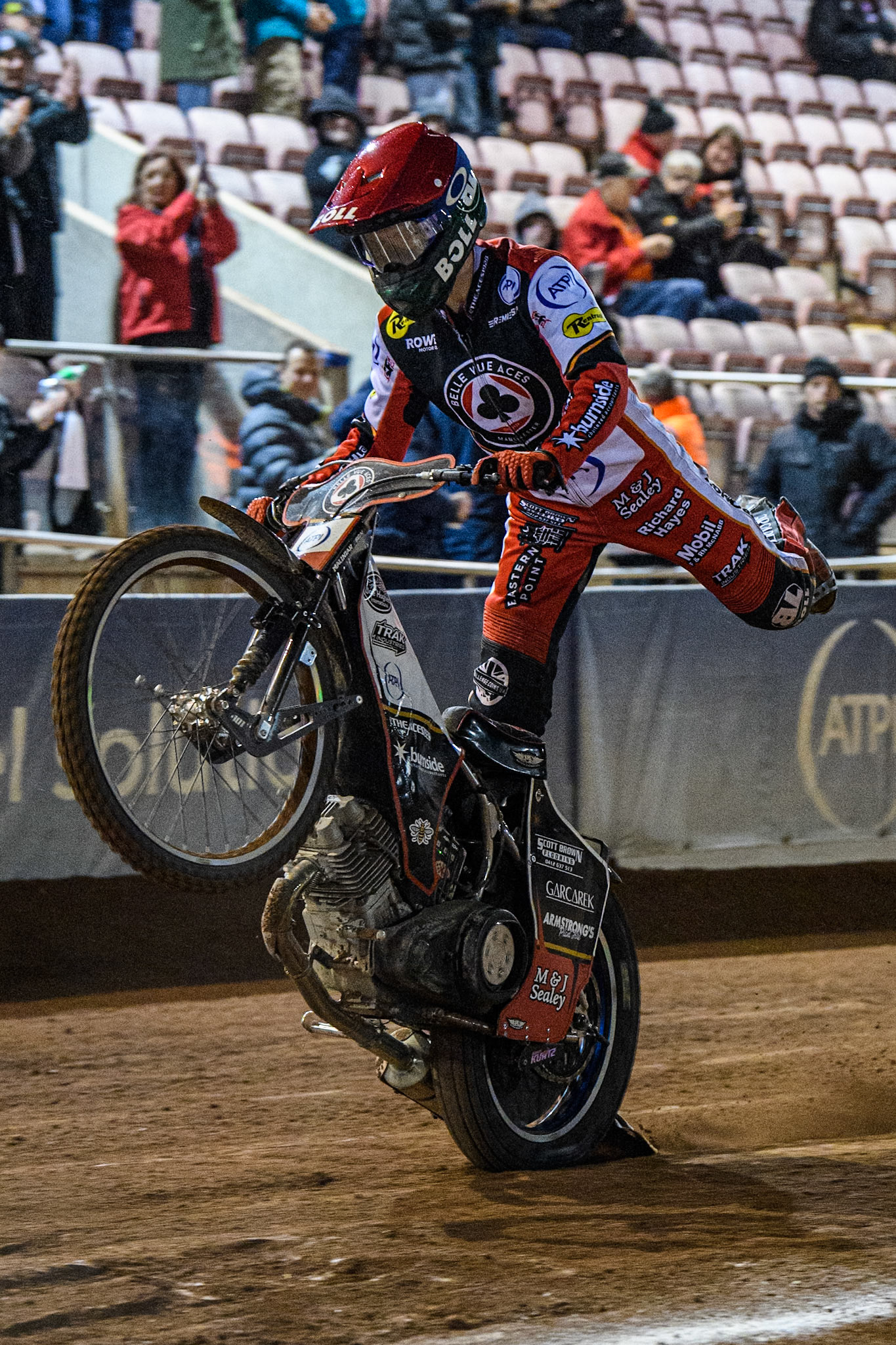 Belle Vue Aces' Brady Kurtz celebrates with a wheelie during the Rowe Motor Oil Premiership match between Belle Vue Aces and Oxford Spires at the National Speedway Stadium, Manchester on Monday 14th April 2025. (Photo: Ian Charles | MI News)