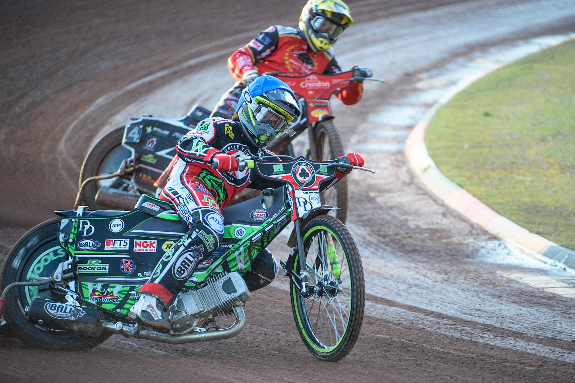 MANCHESTER, UK. AUG 9TH Charles Wright (Blue) leads Scott Nicholls  (Yellow)  during the SGB Premiership match between Belle Vue Aces and Peterborough at the National Speedway Stadium, Manchester on Monday 9th August 2021. (Credit: Ian Charles | MI News)