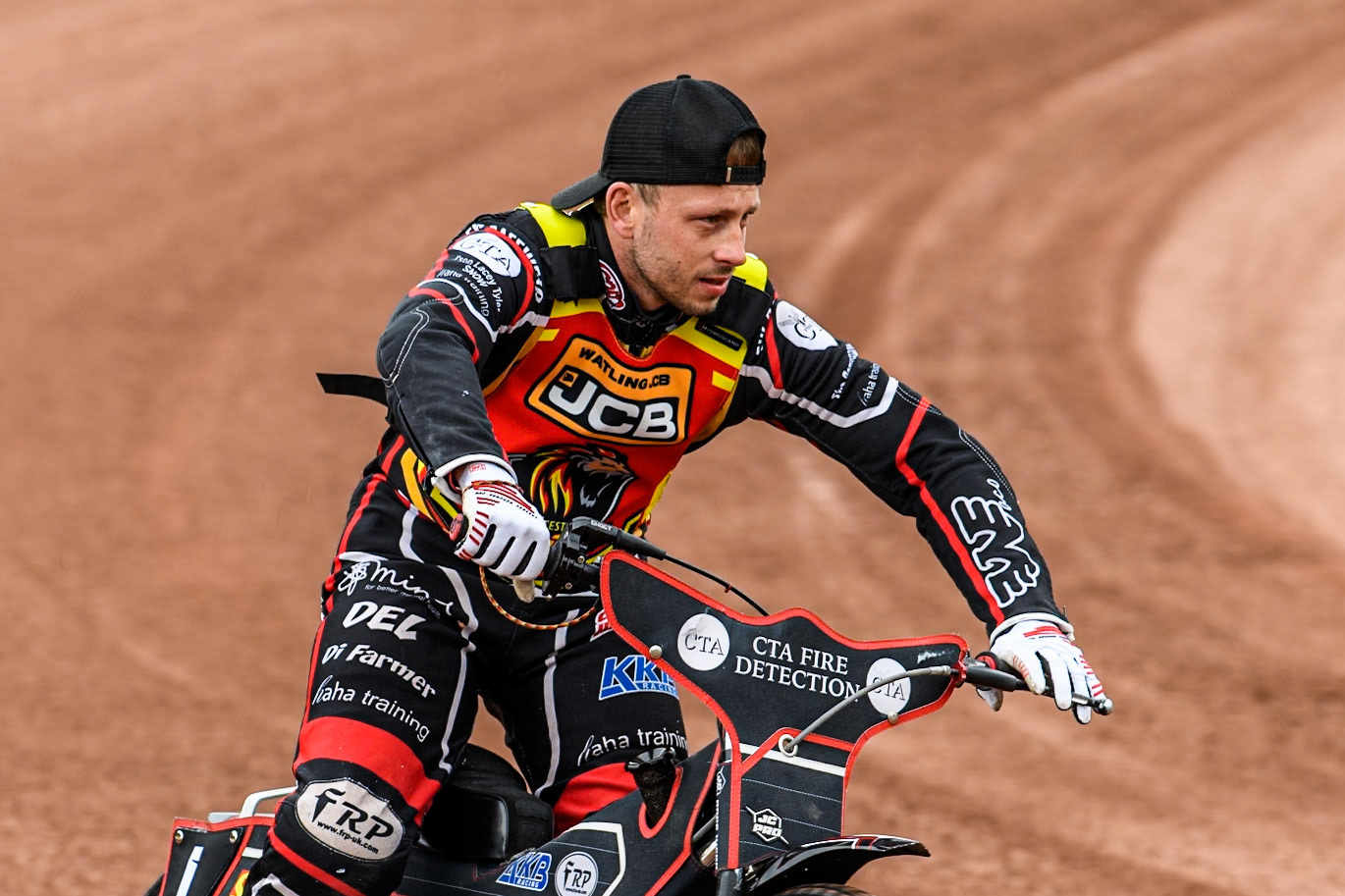 Leicester Lion Cubs' Guest Rider Ben Morley on the parade lap  during the WSRA National Development League match between Belle Vue Colts and Leicester Lion Cubs at the National Speedway Stadium, Manchester on Friday 18th April 2025. (Photo: Ian Charles | MI News)