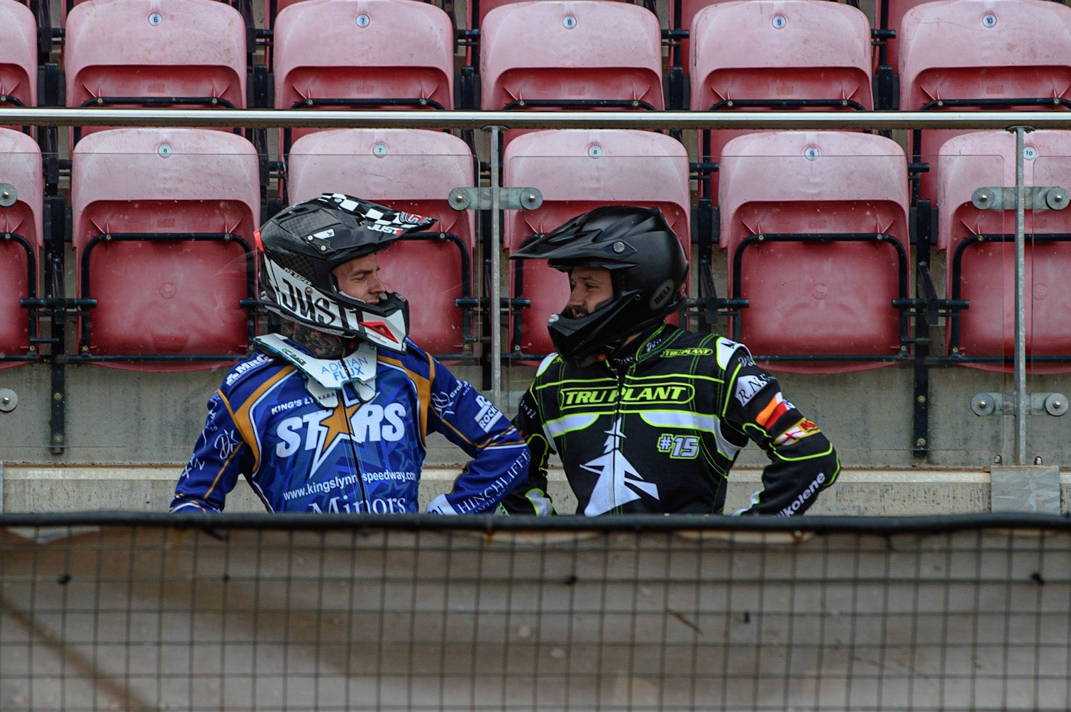 Photo: Ian CharlesLewis Kerr (l) chats with Danny KingDiscovery Networks Eurosport Speedway Season Launch, National Speedway Stadium, Manchester Wednesday  12  May  2021