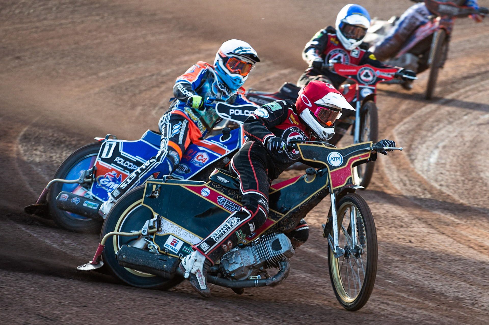 Photo by Ian Charles

Belle Vue Aces’ Max Fricke  (Red) leads Brady Kurtz  (White) and Jaimon Lidsey  (Blue)

Belle Vue Aces v Poole Pirates, British Speedway Premiership, Belle Vue National Speedway Stadium, Manchester, Monday 1  July  2019