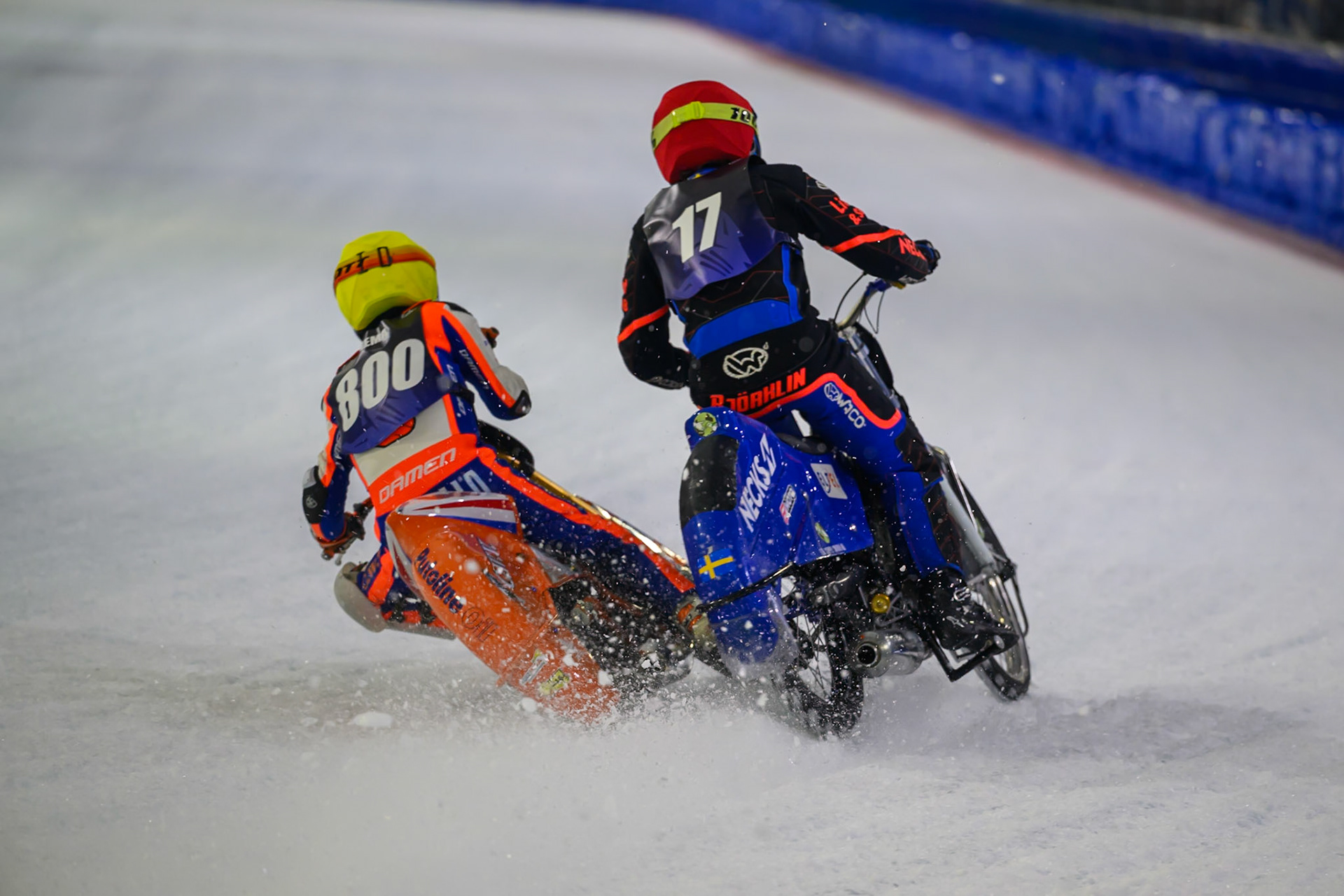 Jasper Iwema (800) of The Netherlands  in Yellow forces his way past Melwyn Bjorklin (17) of Sweden  in Red during the FIM Ice Speedway Gladiators World Championship Final 3 at Ice Rink Thialf, Heerenveen on Saturday 11th April 2026. (Photo: Ian Charles | MI News)