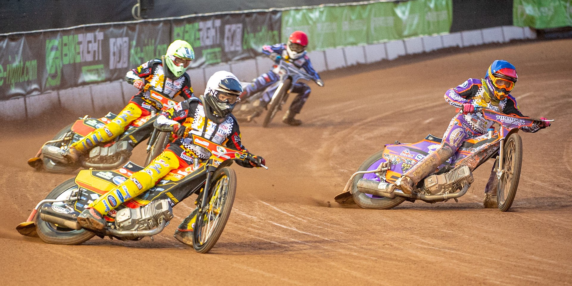 Photo: Ian CharlesDan Thompson (White) outside Elliot Kelly (Blue) with Joe Thompson (Yellow) and Sam McGurk (Red) behind (500cc A Class)British Youth Speedway Championship (Round 5), National Speedway Stadium, Manchester Saturday  10  October  2020