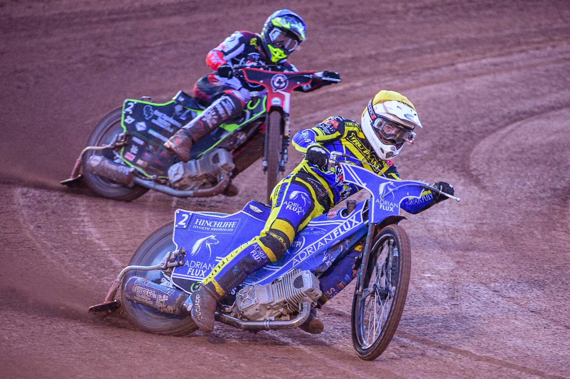 Lewis Kerr  (Yellow) leads Tom Brennan  (Blue) during the SGB Premiership match between Belle Vue Aces and Sheffield Tigers at the National Speedway Stadium, Manchester on Monday 5th September 2022. (Credit: Ian Charles | MI News)