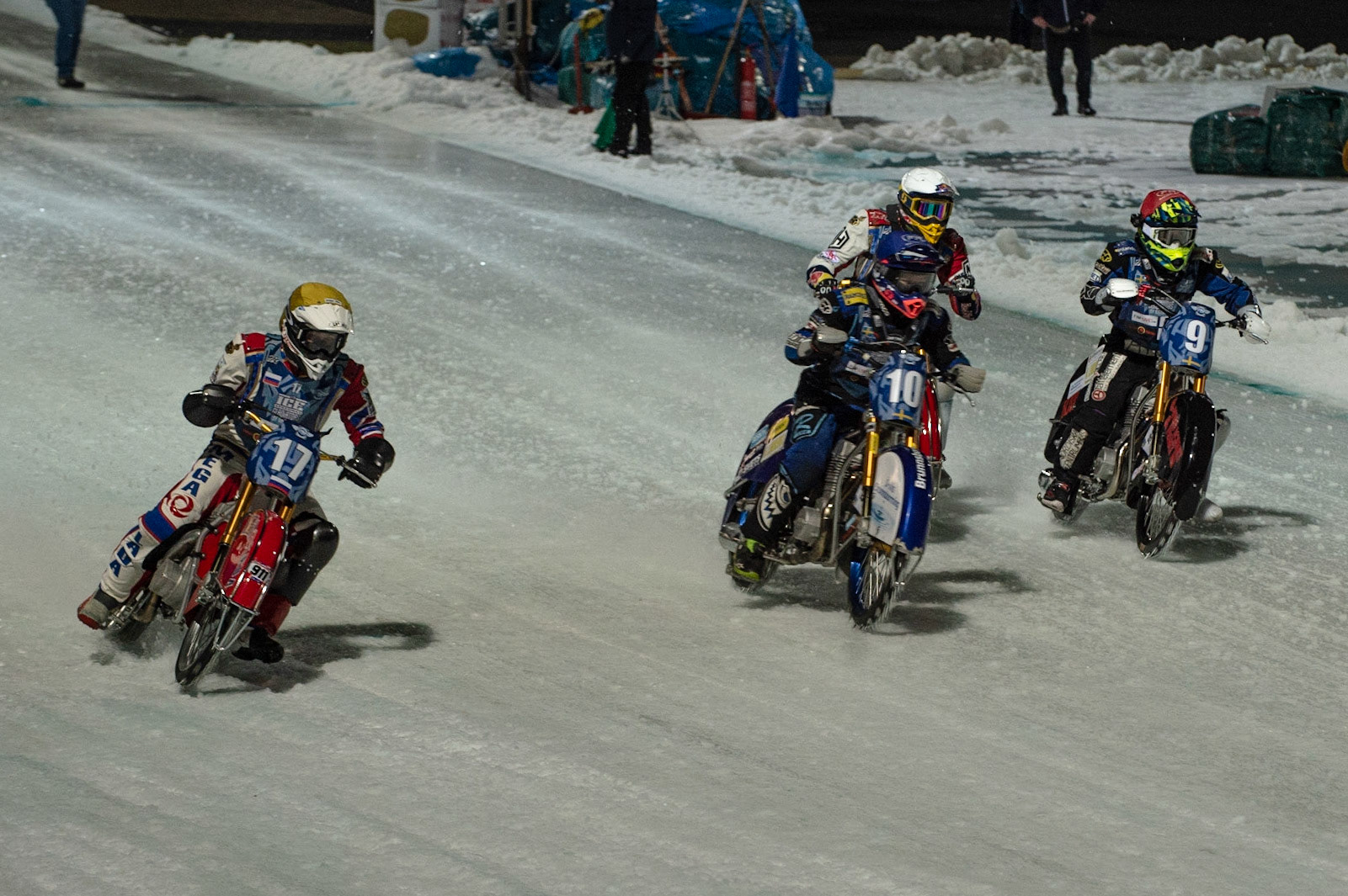BERLIN GERMANY  - February 29   Igor Kononov (Yellow) outside Niclas Svensson (Blue) Daniil Ivanov (White) and Martin Haarahiltunen (Red) during theIce Speedway of Nations (Day 1) at the Horst-Dohm-Eisstadion, Berlin,  on Saturday 29 February 2020. (Credit: Ian Charles | MI News)