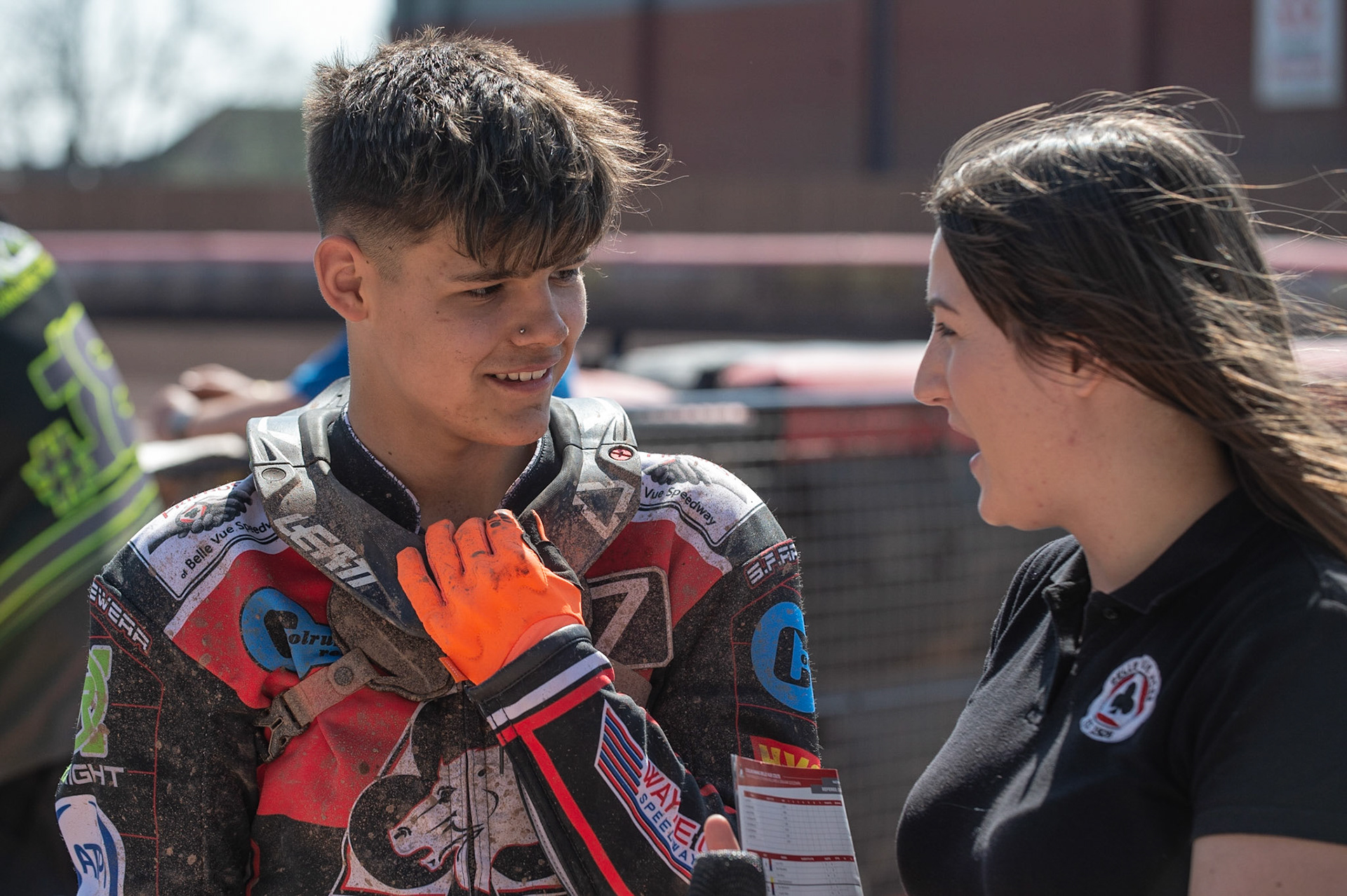 Photo: Ian Charles

Jordan Palin is interviewed by Hayley 

Belle Vue Colts v Stoke Potters, National League, Belle Vue National Speedway Stadium, Manchester, Friday 19  April  2019