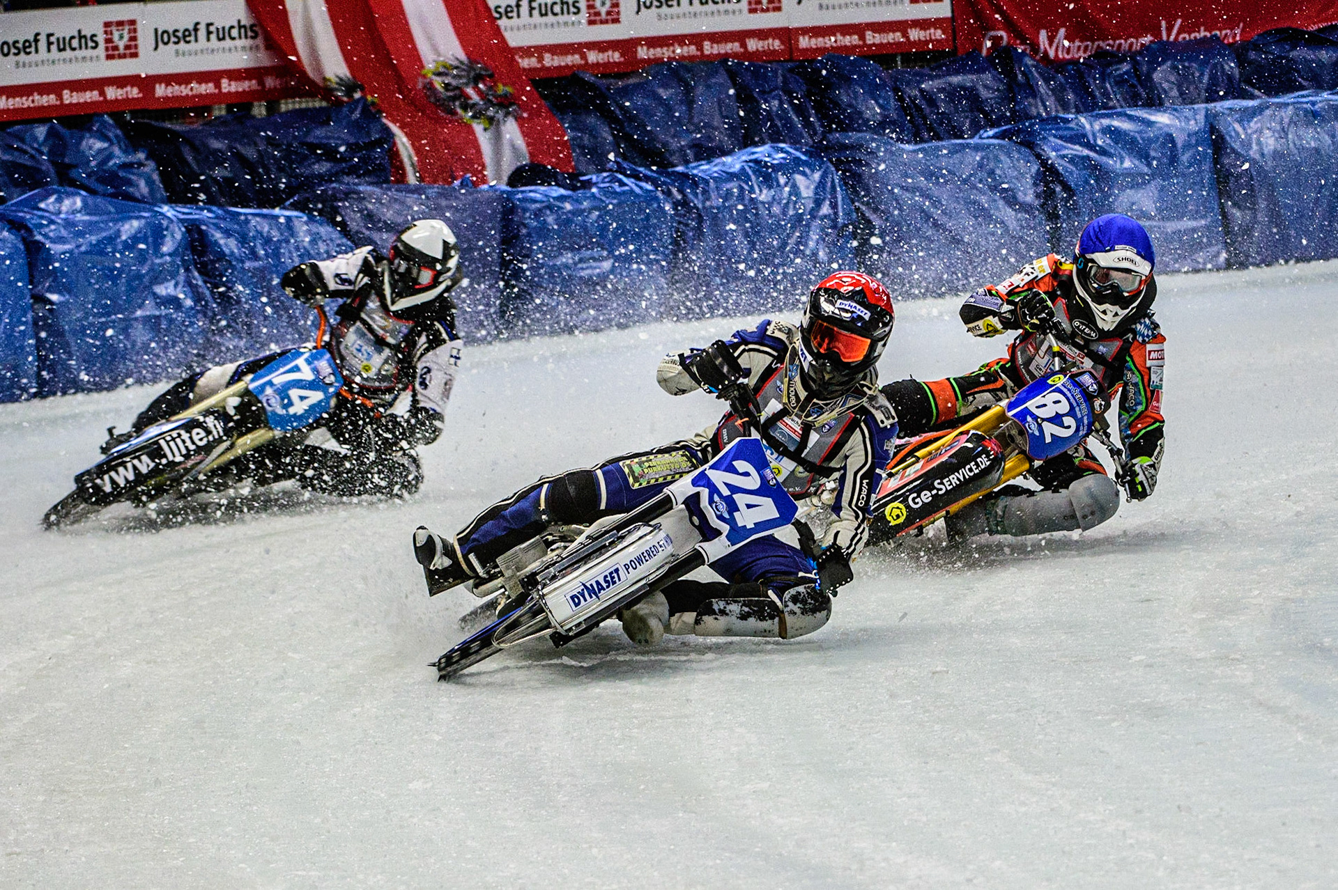 Max Koivula (24) (Red) leads Mats Järf (74) (White) and Markus Jell (82) (Blue) during the Ice Speedway Gladiators World Championship Final 1 at Max-Aicher-Arena, Inzell, Germany on Saturday 18th March 2023. (Photo: Ian Charles | MI News)