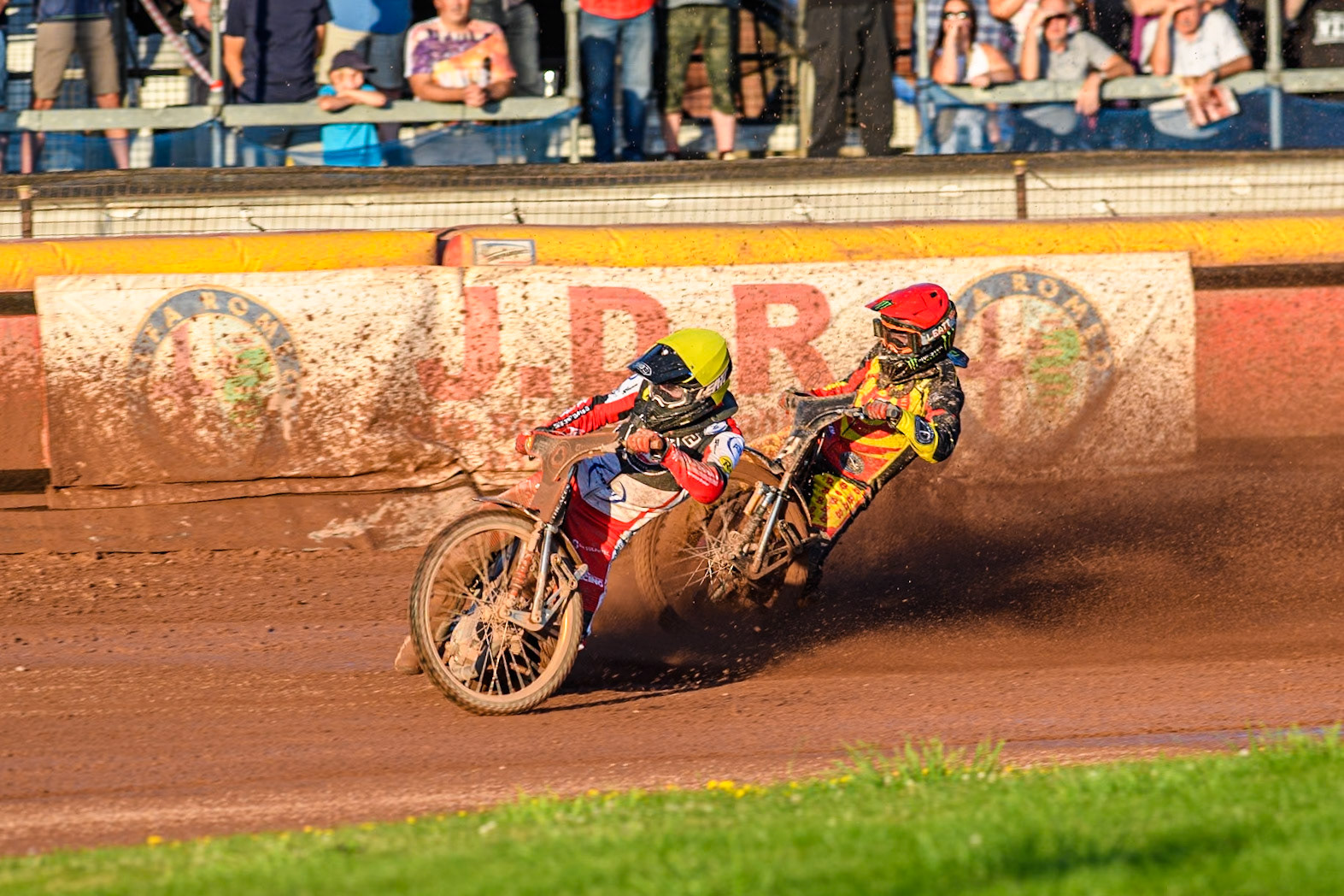 Belle Vue Aces' Brady Kurtz falls again in the rerun of Heat 1 on the first turn behind Belle Vue Aces' Norick Blodorn in Yellow and Birmingham Brummies' Freddie Lindgren in Red during the Rowe Motor Oil Premiership match between Birmingham Brummies and Belle Vue Aces at Perry Bar Stadium, Birmingham on Monday 29th July 2024. (Photo: Ian Charles | MI News)
