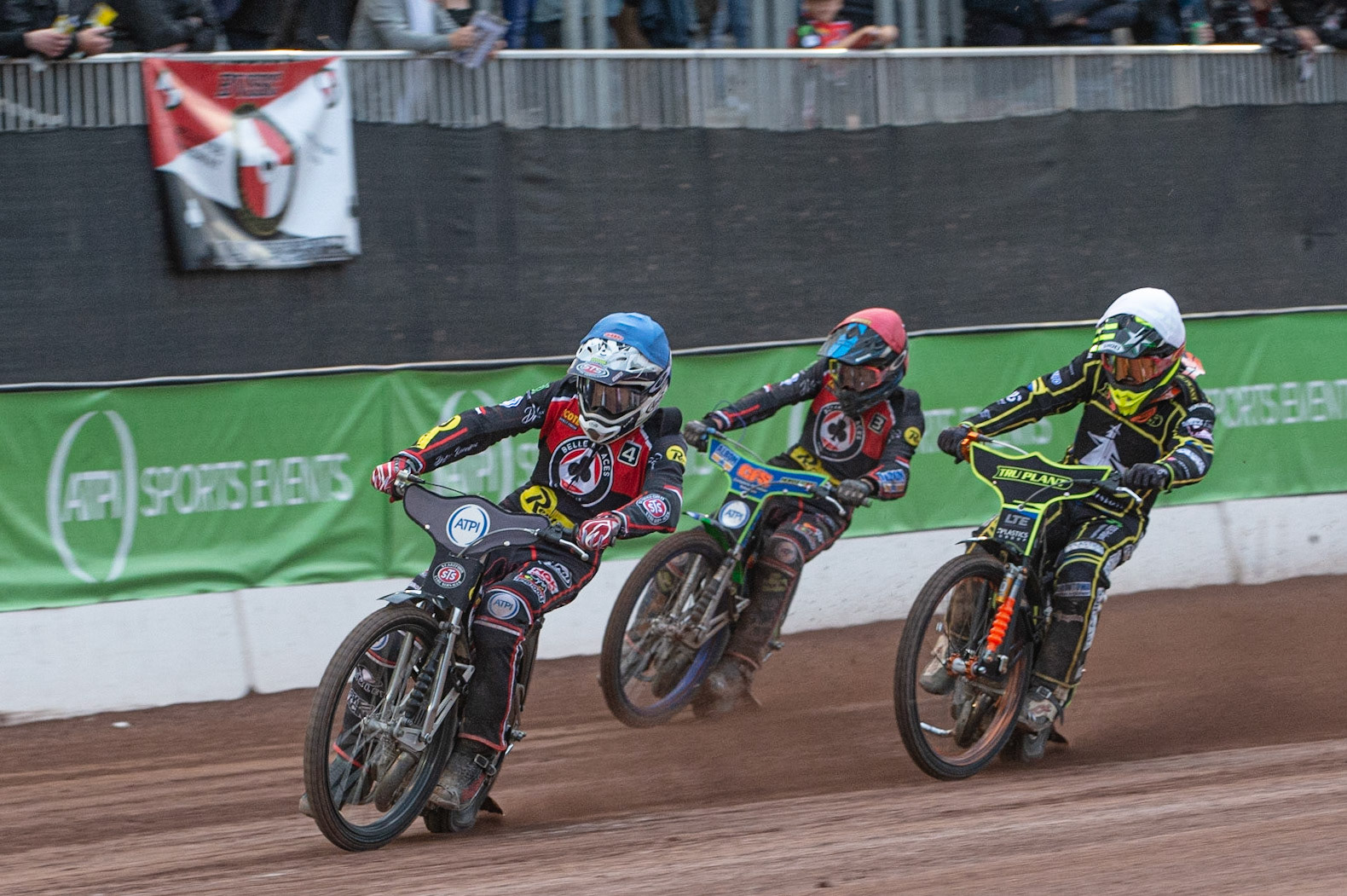 Photo: Ian Charles

Steve Worrall  (Blue) leads Krystian Pieszczek (White) and Dan Bewley  (Red)

Belle Vue Aces v Ipswich Witches, British Speedway Premiership, Belle Vue National Speedway Stadium, Manchester, Monday 3  June  2019