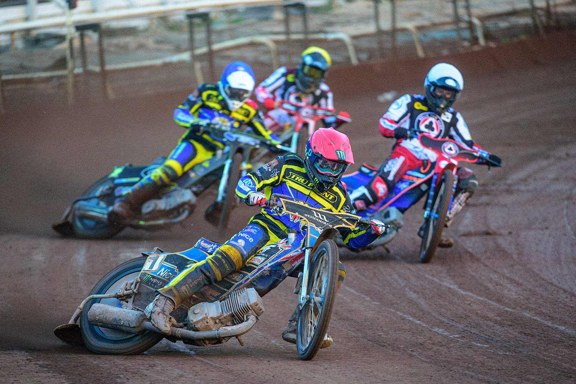 SHEFFIELD, UK. APR 14TH   Jack Holder  (Red) leads Brady Kurtz  (White), Craig Cook  (Blue) and Norick Blödorn  (Yellow) during the SGB Premiership League Cup match between Sheffield Tigers and Belle Vue Aces at Owlerton Stadium, Sheffield on Thursday 14th April 2022. (Credit: Ian Charles | MI News)