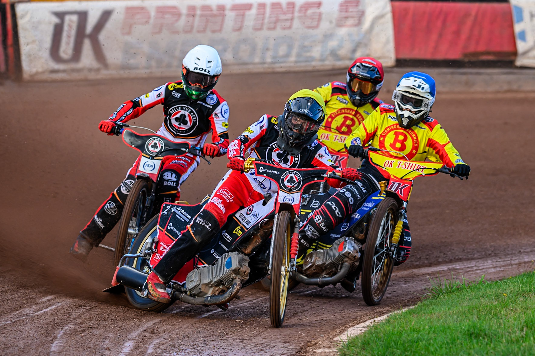 Belle Vue Aces' Norick Blodorn   in Yellow leading Birmingham Brummies' Paco Castagna  in Blue Belle Vue Aces' Brady Kurtz in White and Birmingham Brummies' Tobias Musielak  in Red during the Rowe Motor Oil Premiership match between Birmingham Brummies and Belle Vue Aces at Perry Barr Stadium, Birmingham on Monday 28th July 2025. (Photo: Ian Charles | MI News)