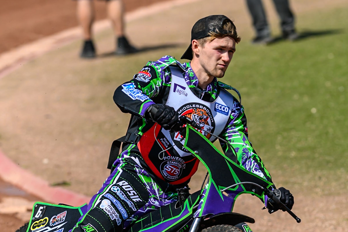 Kai Ward of Middlesborough Tigers  on the parade lap during the WSRA National Development League match between Belle Vue Colts and Middlesbrough Tigers at the National Speedway Stadium, Manchester on Sunday 10th August 2025. (Photo: Mark Fletcher | MI News)