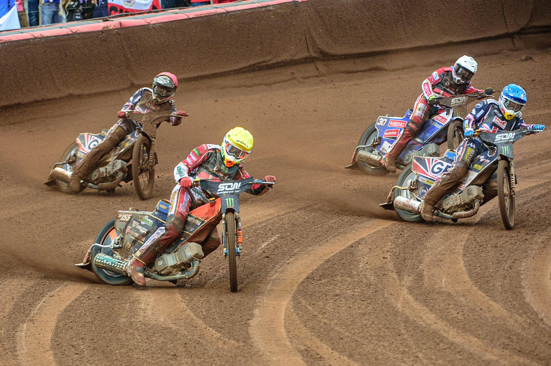 MANCHESTER, UK. OCT 17TH Mikkel Michelsen of Denmark (Yellow) leads Robert Lambert of Great Britain (Blue) and Dan Bewley of Great Britain (Red) with Leon Madsen of Denmark (Red) behind during the Monster Energy FIM Speedway of Nations at the National Speedway Stadium, Manchester on Sunday  17th October 2021. (Credit: Ian Charles | MI News)