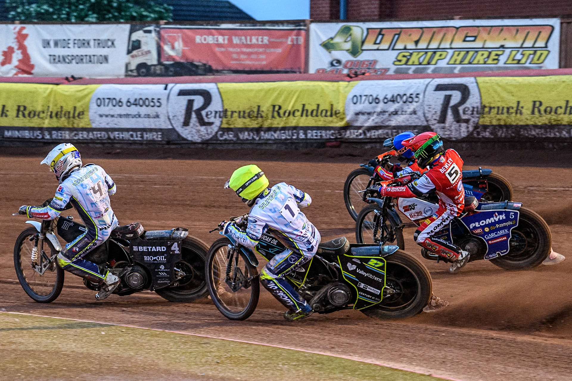 Oxford Spires' Maciej Janowski in White and Oxford Spires' Rohan Tungate in Yellow rides inside Belle Vue Aces' Dan Bewley in Red and Belle Vue Aces' Ben Cook in Blue during the Rowe Motor Oil Premiership match between Belle Vue Aces and Oxford Spires at the National Speedway Stadium, Manchester on Monday 13th May 2024. (Photo: Ian Charles | MI News)