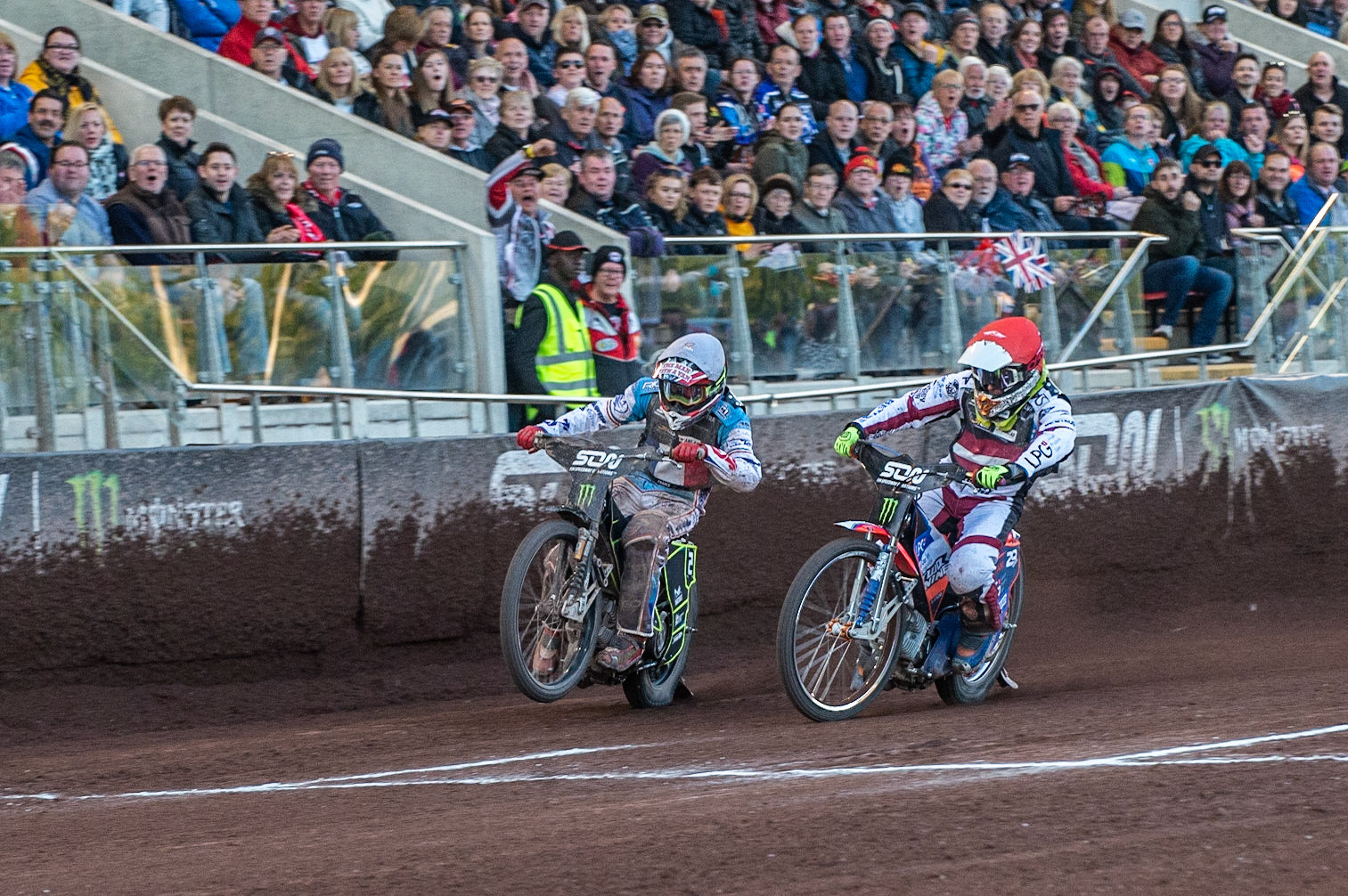 Photo: Ian Charles

David Bellego (White) tries a last gasp dash to the line with Andzejs Lebedevs (Red)

Monster Energy FIM Speedway Of Nations, Race Off 2, Belle Vue National Speedway Stadium, Manchester 7 May  2019