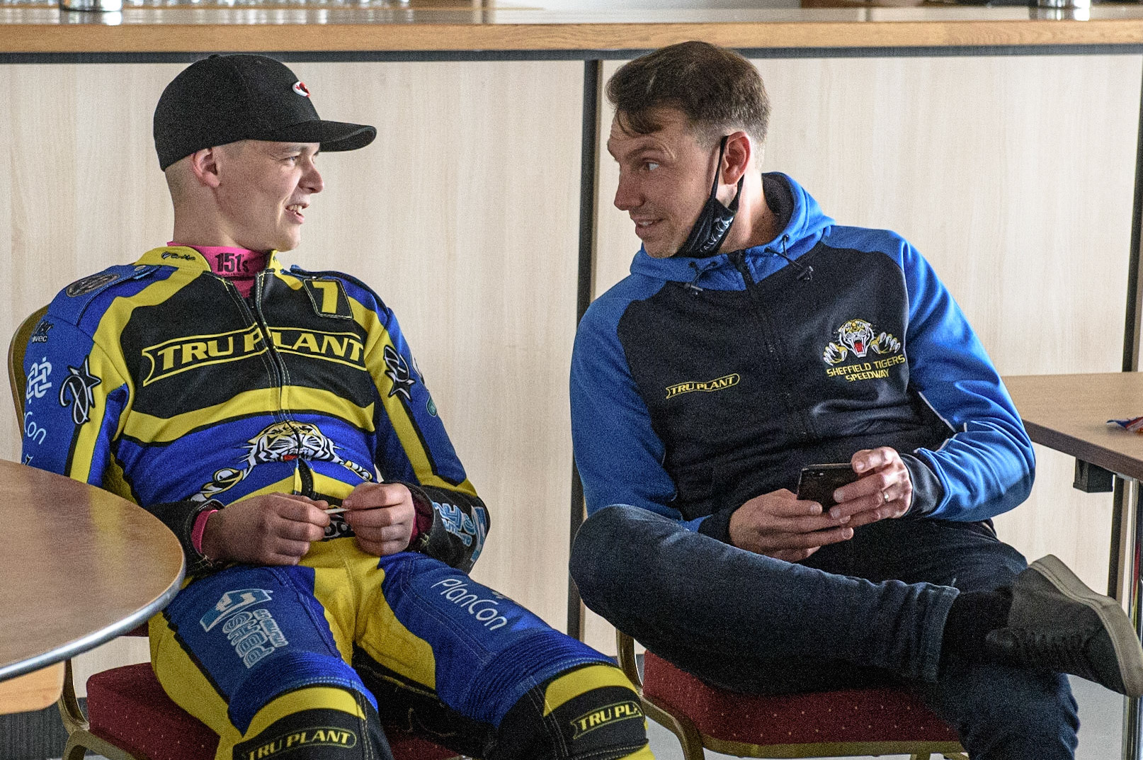 Photo: Ian CharlesJosh Bates (l) chats with his Sheffield team manager Simon SteadDiscovery Networks Eurosport Speedway Season Launch, National Speedway Stadium, Manchester Wednesday  12  May  2021