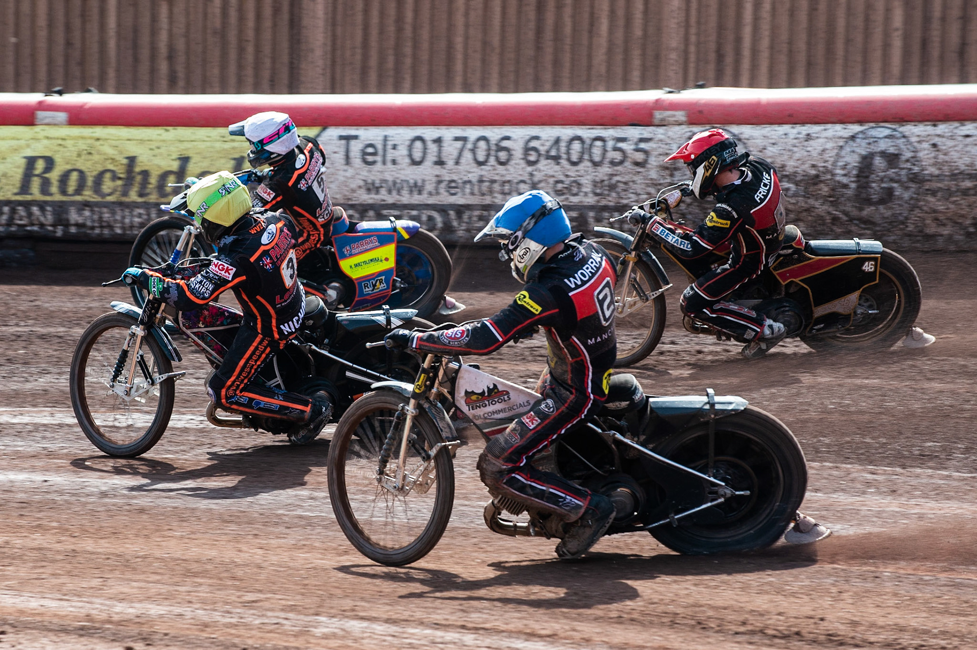 Photo by Ian Charles:

Scott Nicholls  (Yellow) and Rory Schlein  (White) lead Steve Worrall  (Blue) and Max Fricke  (Red)

Belle Vue Aces v Wolverhampton Wolves, National Speedway Stadium, Manchester, Monday, 22, April, 2019