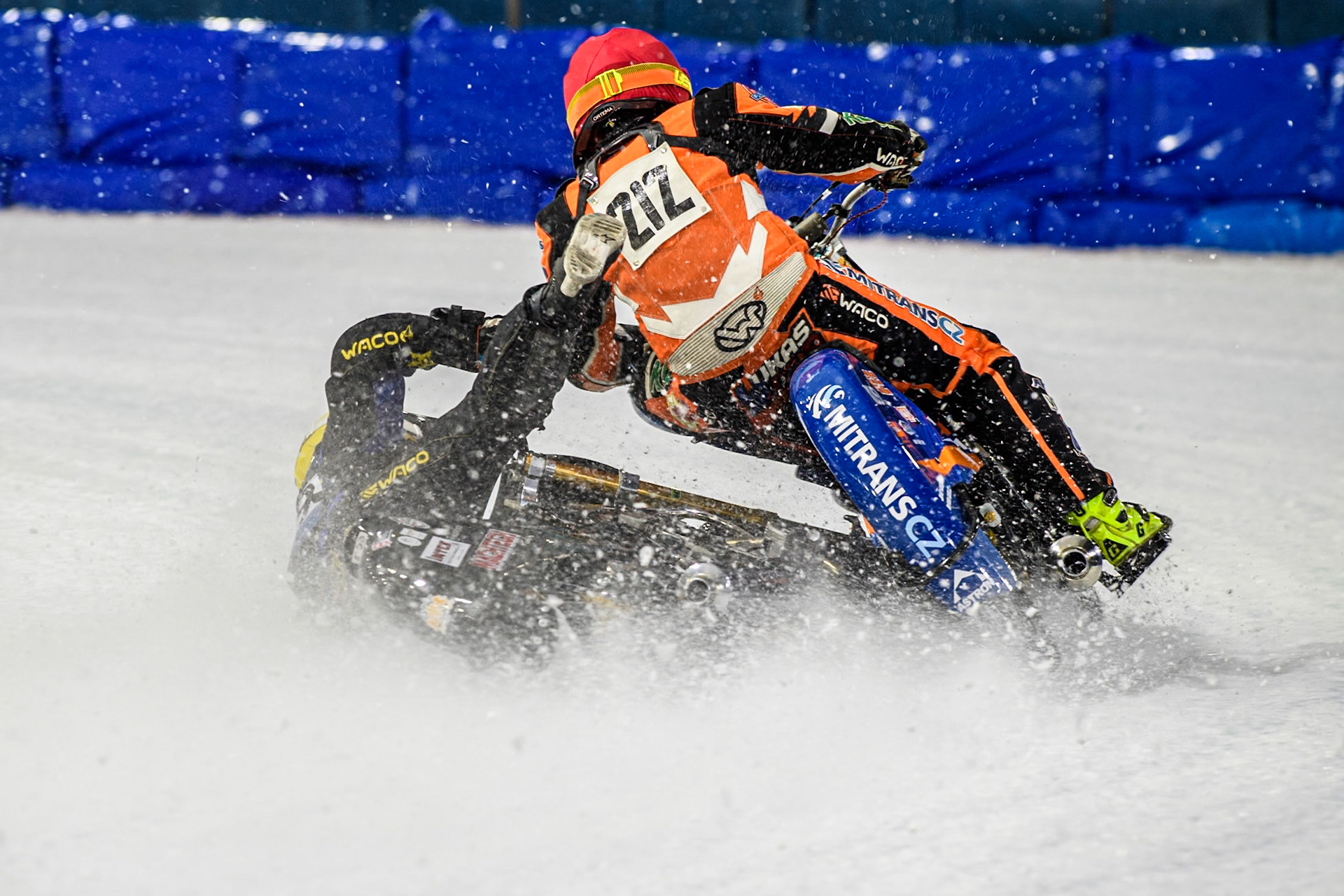 Martin Haarahiltunen (199) of Sweden loses control of his bike during the FIM Ice Speedway Gladiators World Championship, Final 3 at the Ice Stadium, Thialf, Heerenveen on Saturday 5th April 2025. (Photo: Ian Charles | MI News)