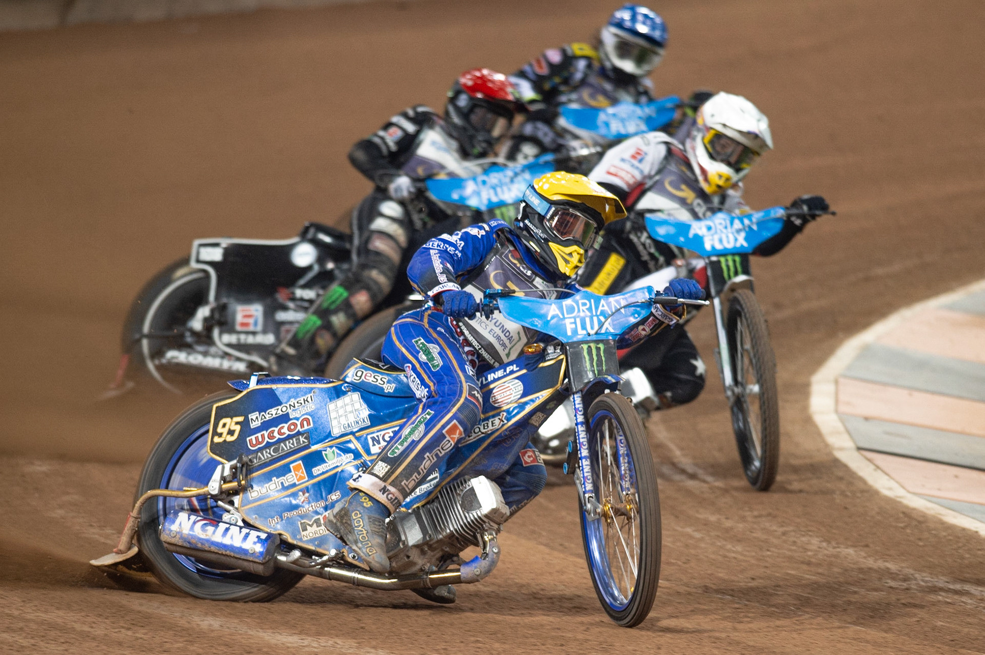 CARDIFF,WALES  Bartoz Zmarzlik (Blue) leads Maciej Janowski (White) Tai Woffinden (Red) and Antonio Lindback (Blue) during the ADRIAN FLUX BRITISH FIM SPEEDWAY GRAND PRIX at the Principality Stadium, Cardiff on Saturday 21st September 2019. (Credit: Ian Charles | MI News)