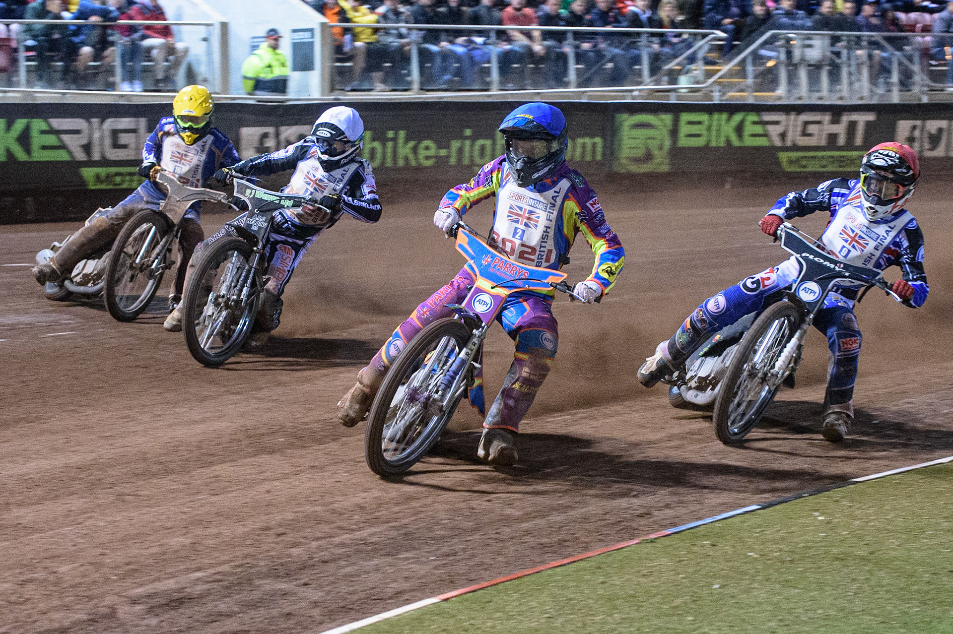 MANCHESTER, UK. AUGUST 16TH   Rory Schlein  leads Dan Bewley  (Red) Danny King  (White) and Richard Lawson. (Yellow) during the Sports Insure British Speedway Finals at the National Speedway Stadium, Manchester on Monday 16th August 2021. (Credit: Ian Charles | MI News)