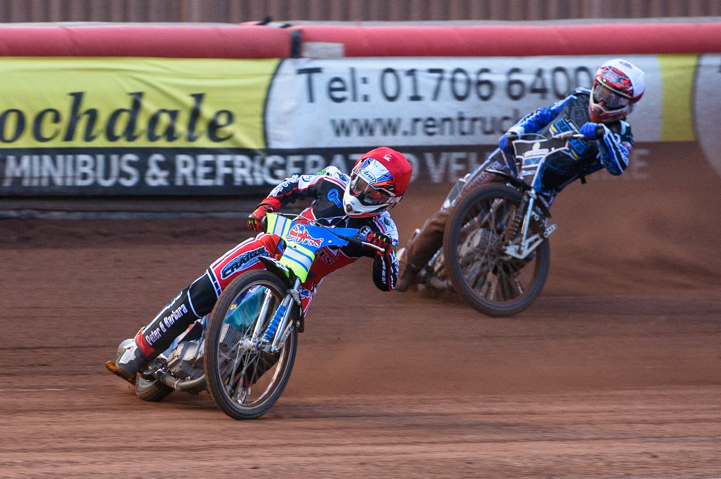 MANCHESTER, UK. MAY 28TH  Benji Compton  (Red) leads Greg Blair  (White) during the SGB National Development League match between Belle Vue Colts and Berwick Bullets at the National Speedway Stadium, Manchester on Friday 28th May 2021. (Credit: Ian Charles | MI News)