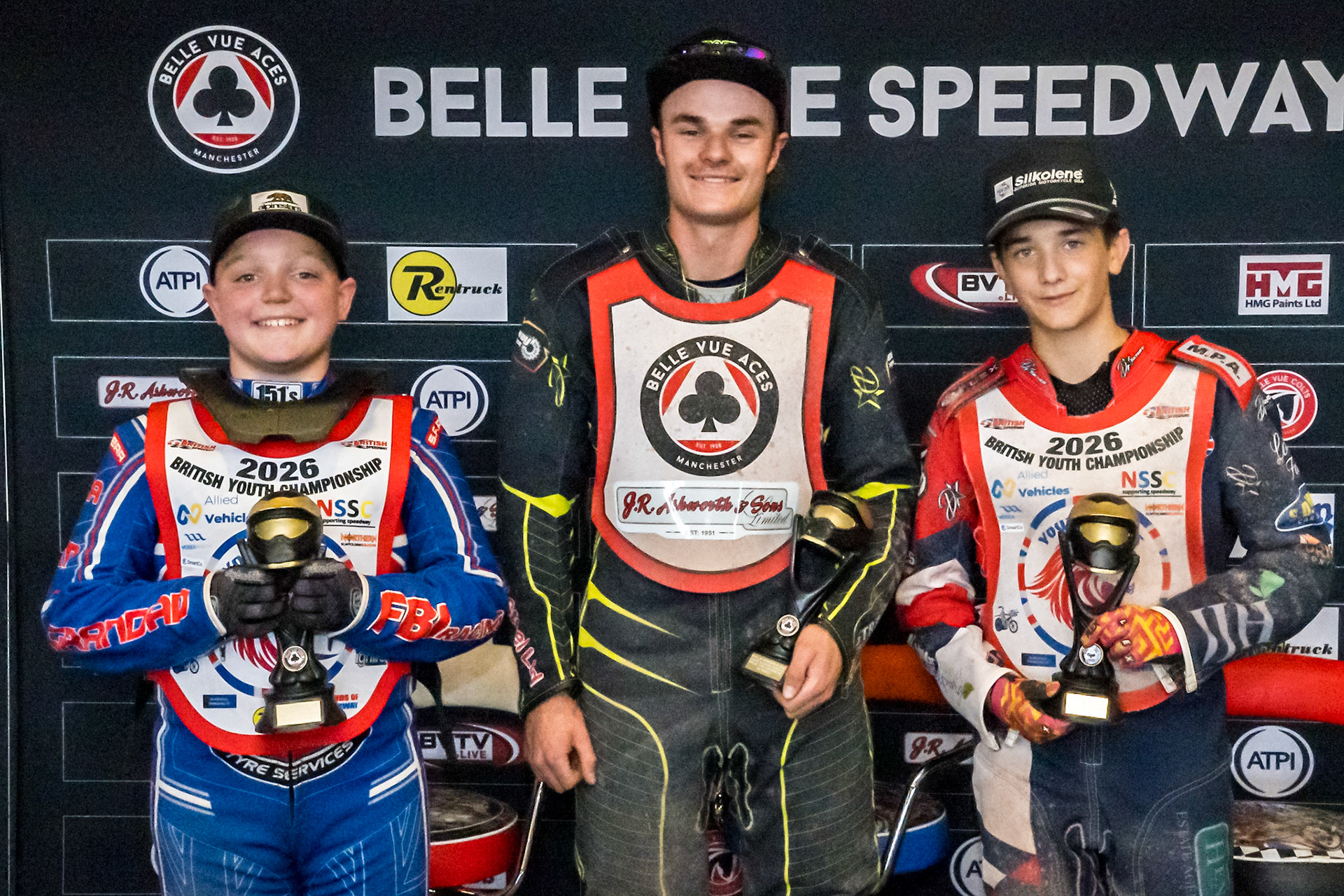 All the winners:(L to R) Aston Knott (89) (Support Class), Ben Whalley  (Colts Academy), Fraser Buckle (555) (British Youth Championship) during the JR Ashworth &amp; Sons Colts Academy &amp; British Youth Championship (125cc) at the National Speedway Stadium, Manchester on Sunday 19th July 2026. (Photo: Ian Charles | MI News)