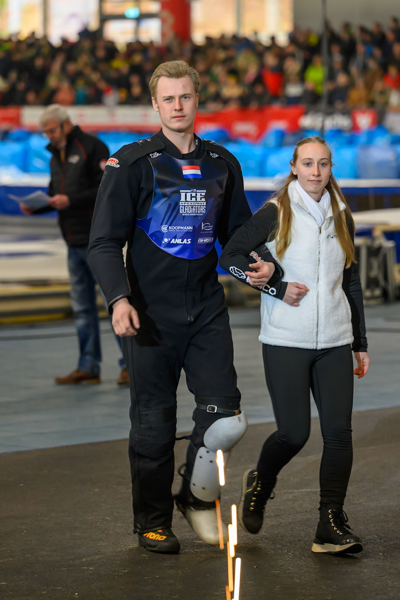 Leon Kramer (777) of The Netherlands is accompanied by a start girl  during the Ice Speedway Gladiators World Championship Final 2 at Max-Aicher-Arena, Inzell on Sunday 15th March 2026. (Photo: Ian Charles | MI News)