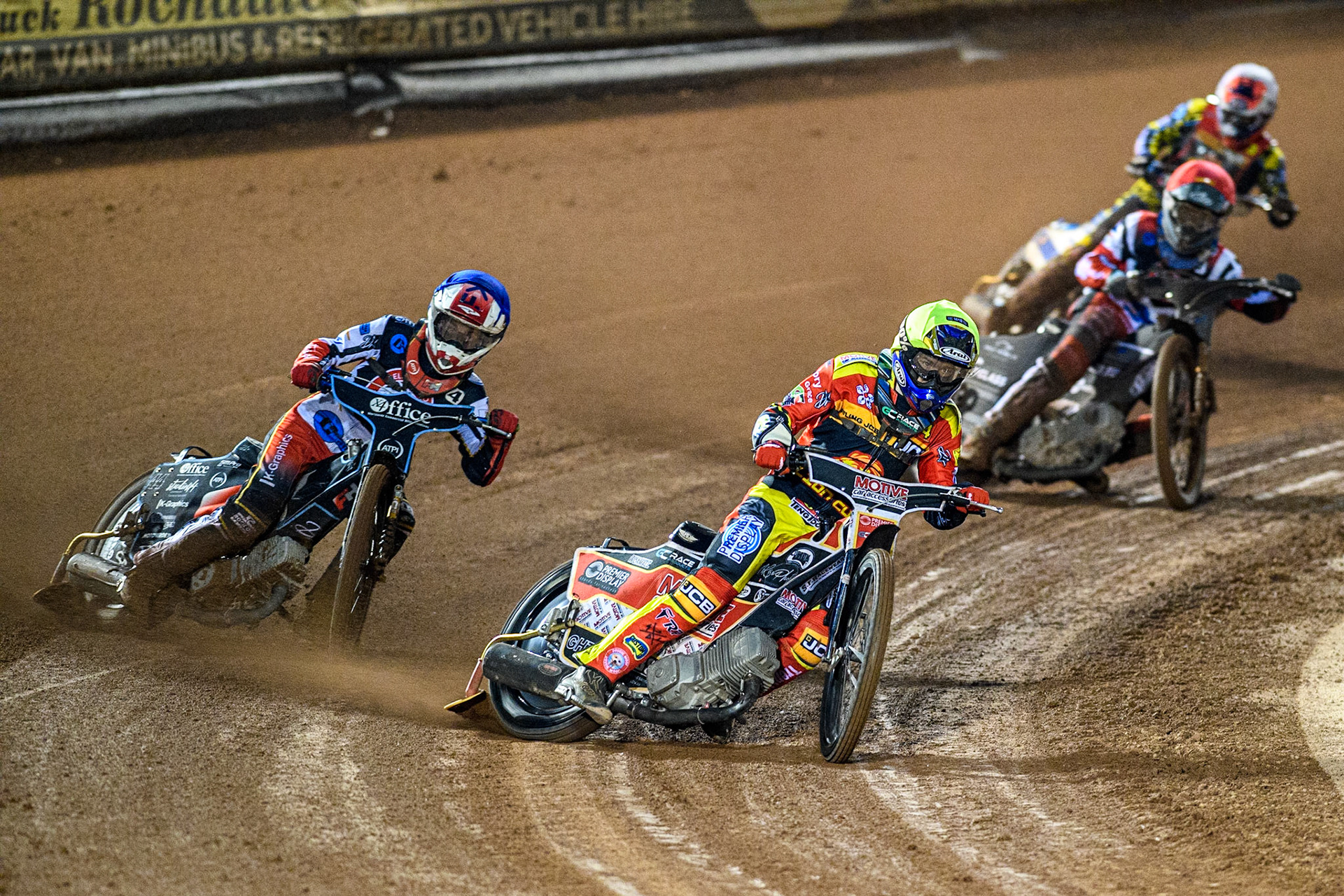 Tom Spencer (Yellow) leads  Freddy Hodder (Blue) Sam McGurk (Red) and Danny Phillips (White) during the National Development League match between Belle Vue Colts and Leicester Lion Cubs at the National Speedway Stadium, Manchester on Friday 8th September 2023. (Photo: Ian Charles | MI News)