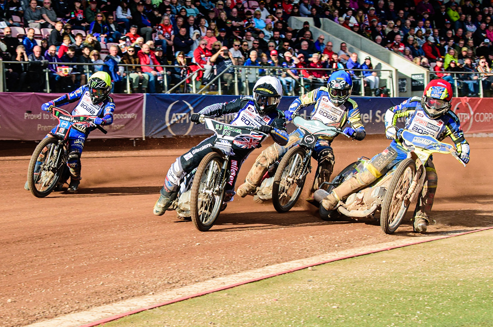 Danny King (White) leads Dan Bewley  (Yellow), Richie Worrall  (Blue) and Chris Harris (Red) during the Sports Insure British Speedway Final, at the National Speedway Stadium, Manchester, on Sunday 18th September 2022. (Credit: Ian Charles | MI News )