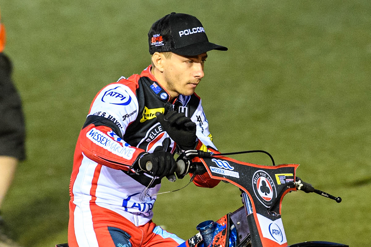 Belle Vue Aces' Ben Cook on the parade lap during the Rowe Motor Oil Premiership Play Off Semi Final 2, 1st Leg match between Belle Vue Aces and Sheffield Tigers at the National Speedway Stadium, Manchester on Monday 16th September 2024. (Photo: Ian Charles | MI News)