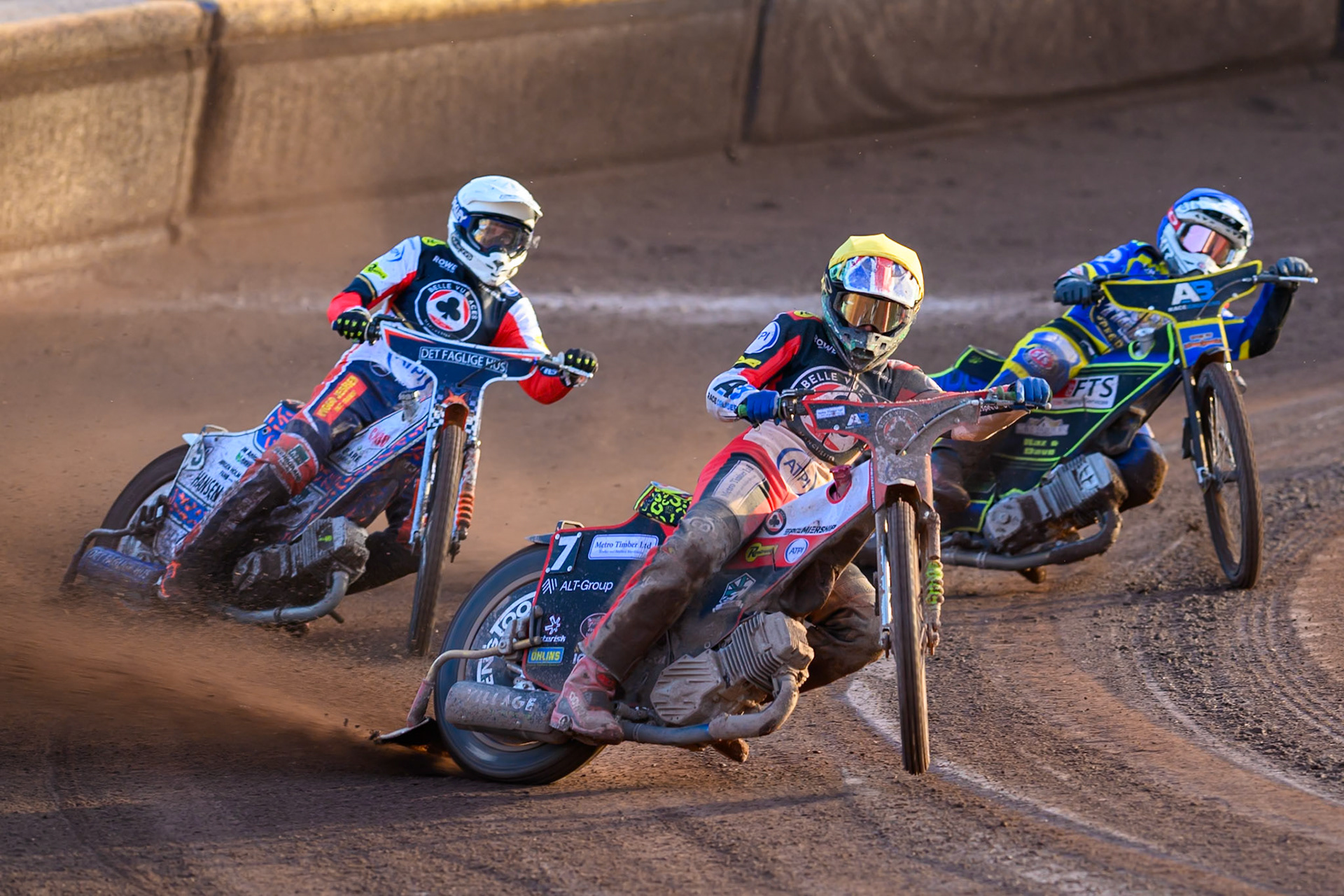 Will Cairns of Belle Vue Aces in Yellow leading Niels-Kristian Iversen, Guest Rider for Belle Vue Aces in White and Jye Etheridge of Sheffield Tigers in Blue during the Rowe Motor Oil Premiership match between Sheffield Tigers and Belle Vue Aces at Owlerton Stadium, Sheffield on Monday 25th May 2026. (Photo: Ian Charles | MI News)