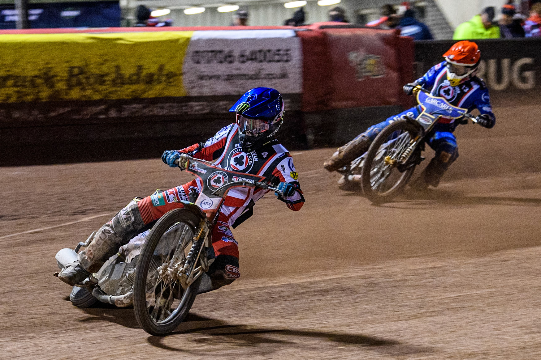 Australia's Jaimon Lidsey (Blue) leads  England's Robert Lambert (Red) during the Peter Craven Memorial Trophy meeting at the National Speedway Stadium, Manchester on Monday 18th March 2024. (Photo: Ian Charles | MI News)