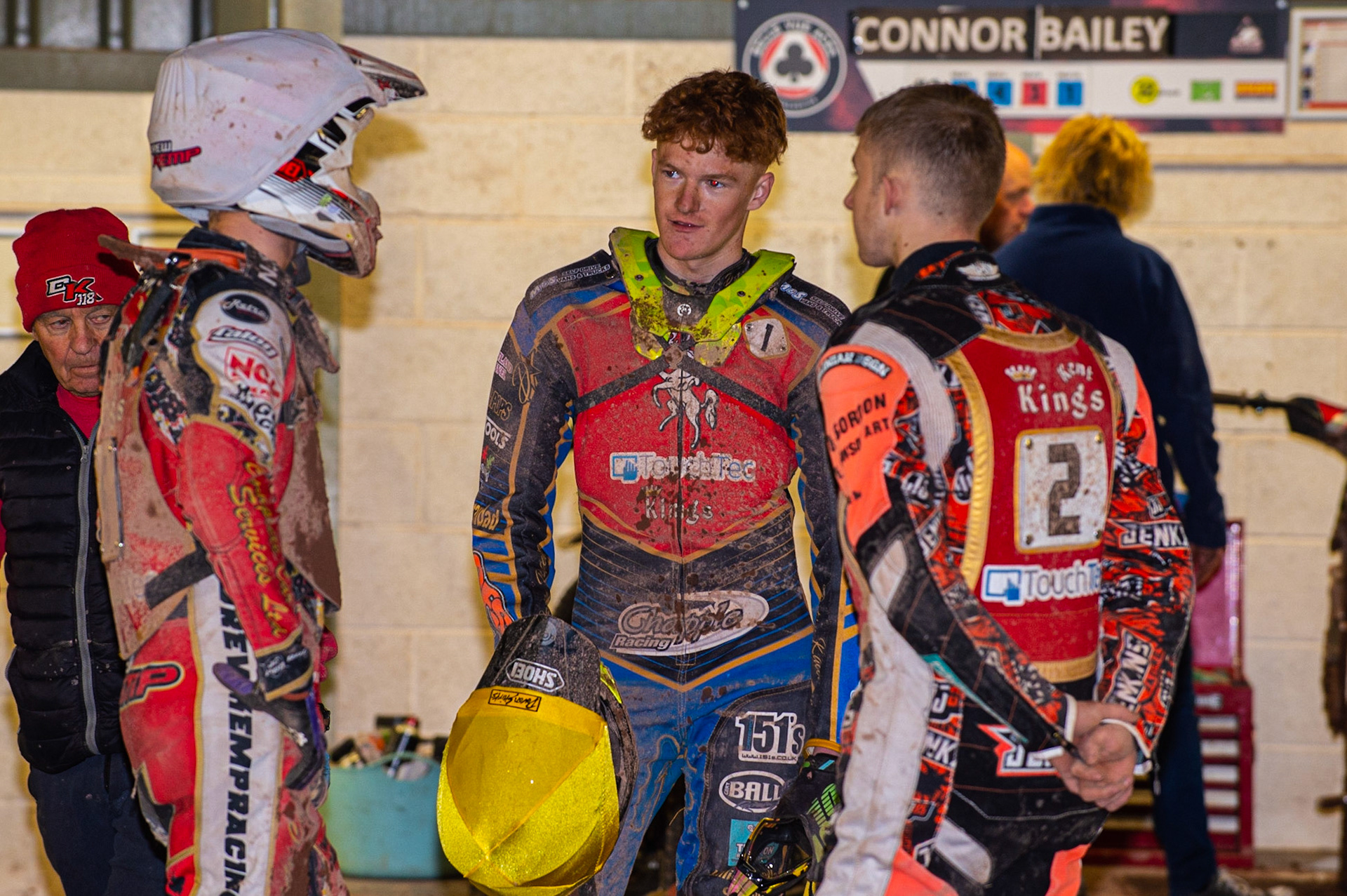 Photo: Ian Charles

(l-r) Drew Kemp , Anders Rowe  and Jordan Jenkins  discuss tactics

Belle Vue Colts v Kent Kings, SGB National League Play Offs, Semi Final 1st Leg, Belle Vue National Speedway Stadium, Manchester, Friday 4  October  2019