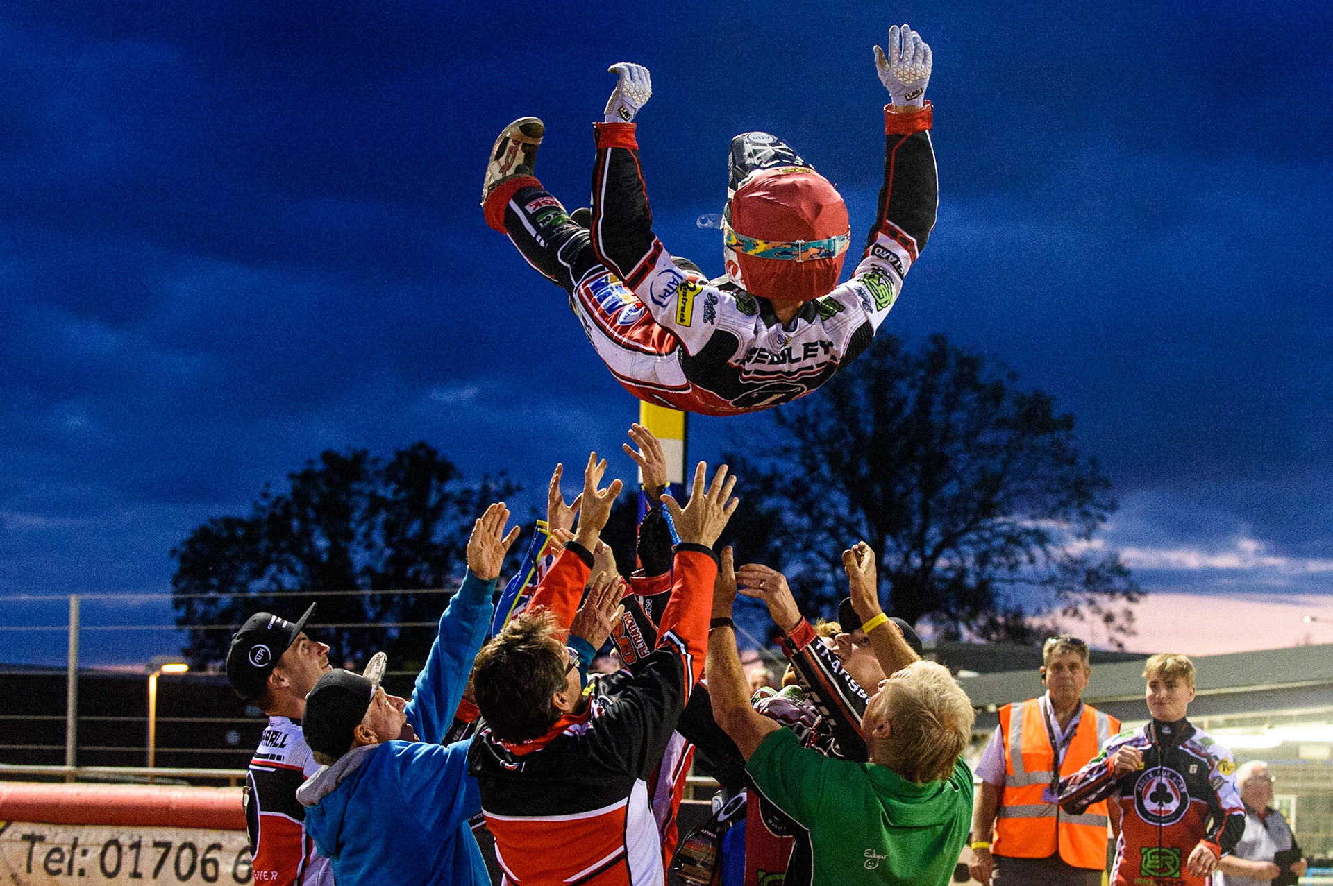 MANCHESTER UKDan Bewley  gets the traditional bumps after scoring his 15 point maximum  during the SGB Premiership match between Belle Vue Aces and Ipswich Witches at the National Speedway Stadium, Manchester on Monday 2nd August 2021. (Credit: Ian Charles | MI News)