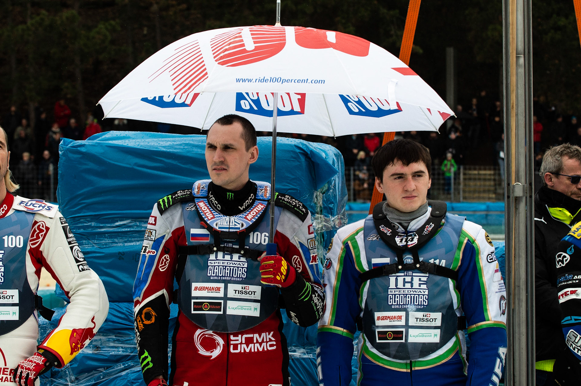 Photo: Ian Charles

Dmitri Koltakov (106) and Dinar Valeev (114) shelter from the rain

FIM Ice Speedway Gladiators World Championship, Final 3.2, Horst-Dohm Eisstadion, Berlin, Germany Sunday  3  March  2019